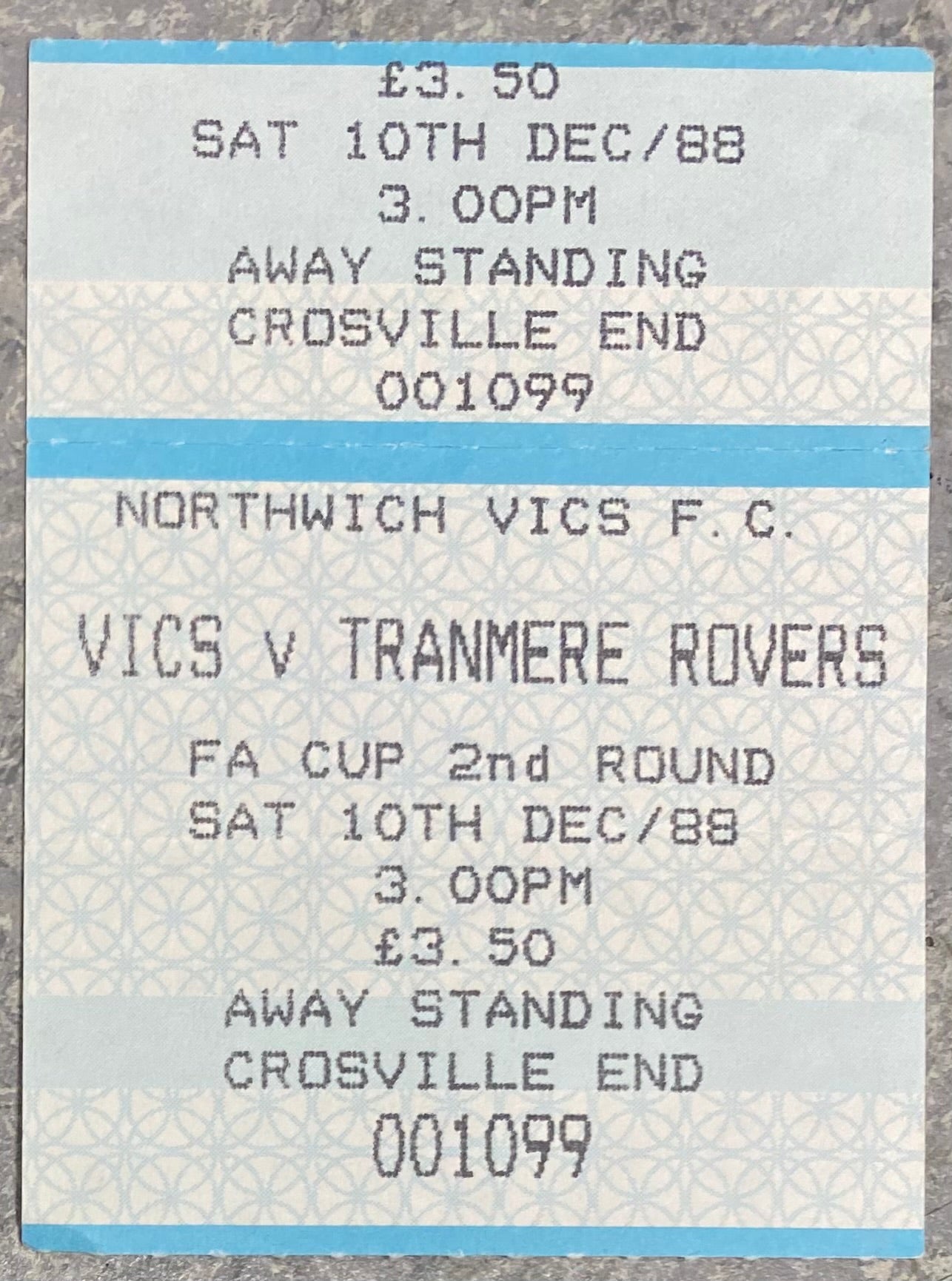 1988/89 ORIGINAL FA CUP 2ND ROUND TICKET NORTHWICH VICTORIA V TRANMERE ROVERS