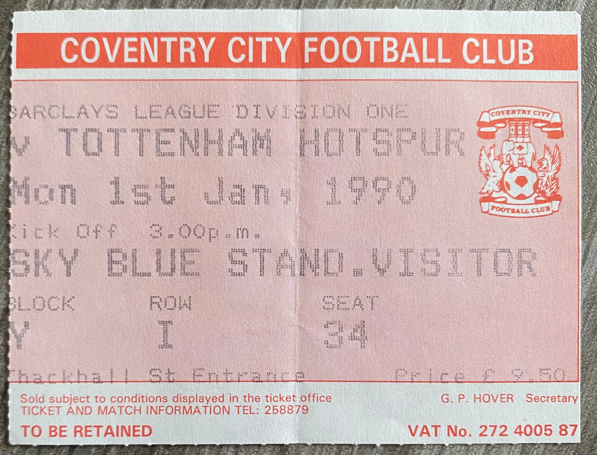 1989/90 ORIGINAL DIVISION ONE TICKET COVENTRY CITY V TOTTENHAM HOTSPUR