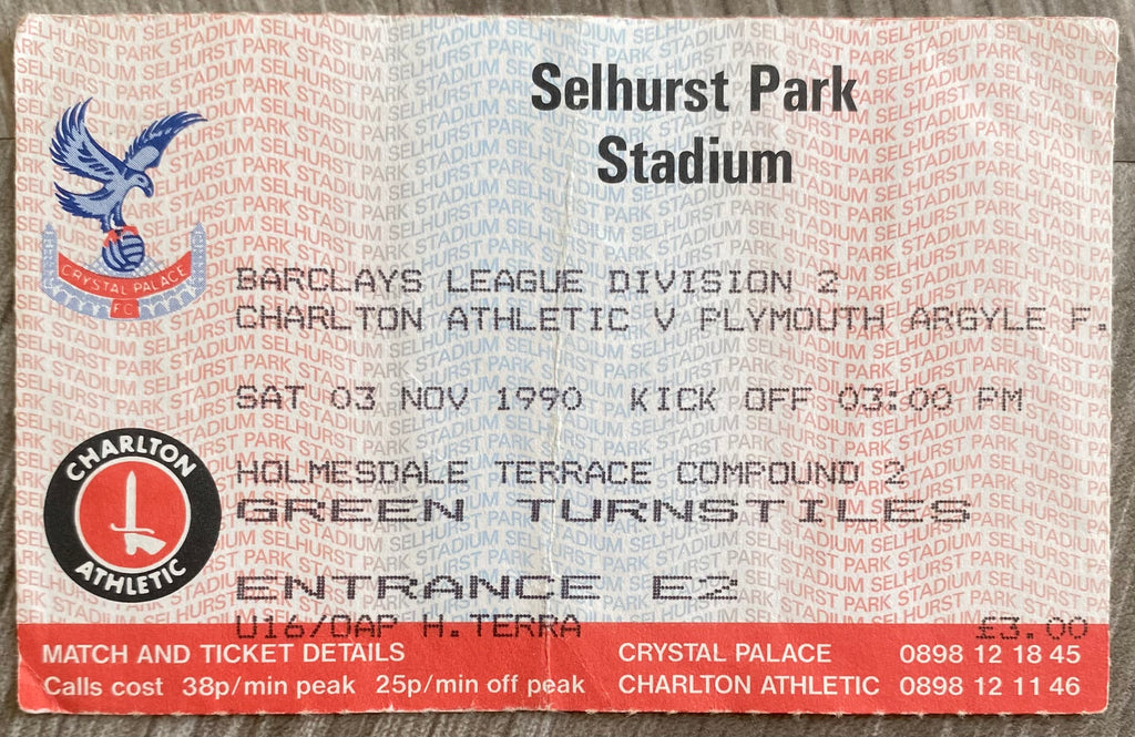 1990/91 ORIGINAL DIVISION 2 TICKET CHARLTON ATHLETIC V PLYMOUTH ARGYLE