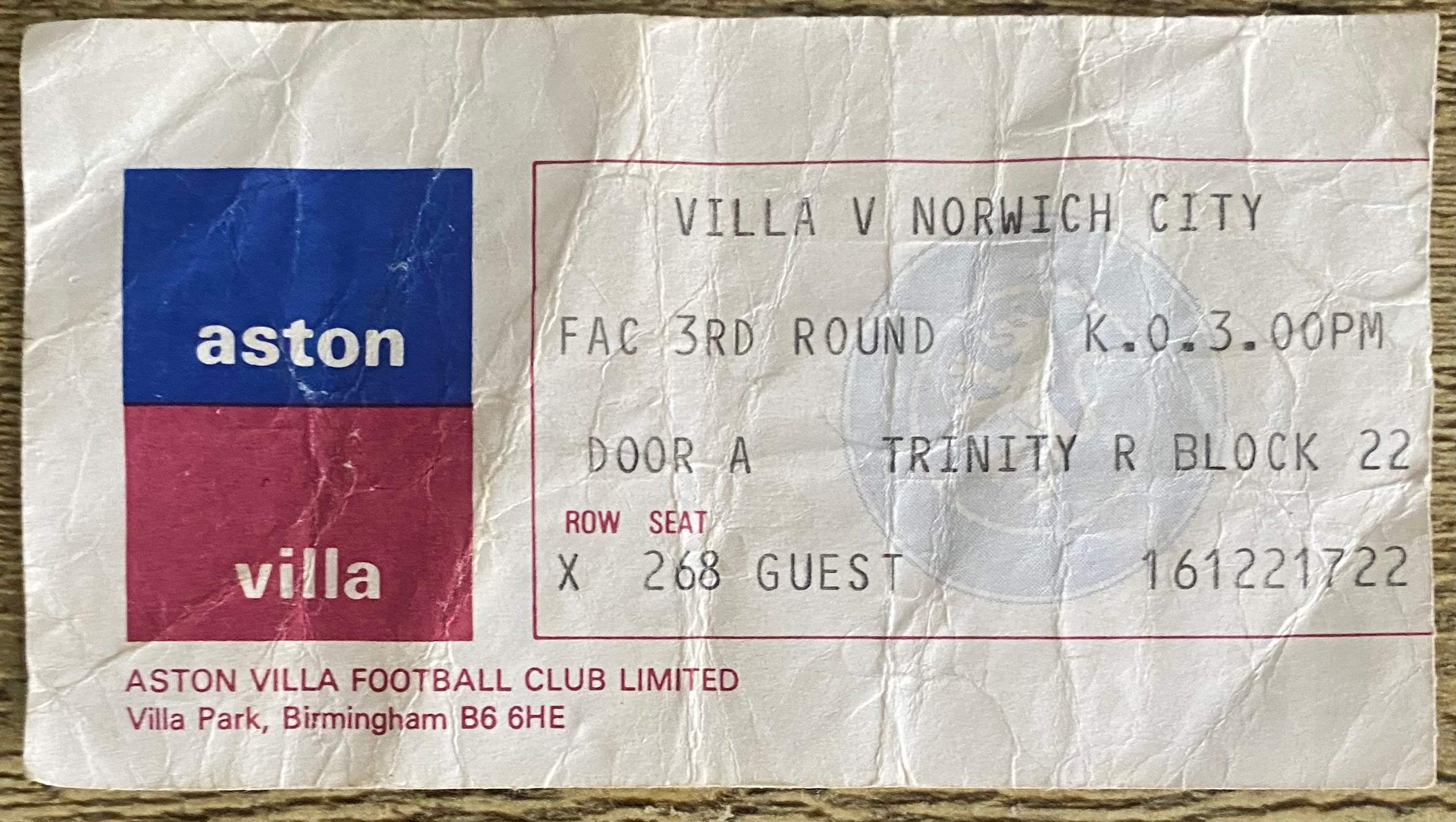1983/84 ORIGINAL FA CUP 3RD ROUND TICKET ASTON VILLA V NORWICH CITY
