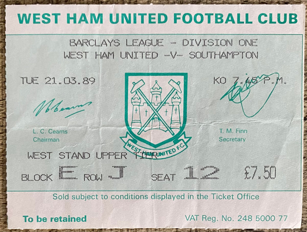 1988/89 ORIGINAL DIVISION ONE TICKET WEST HAM UNITED V SOUTHAMPTON