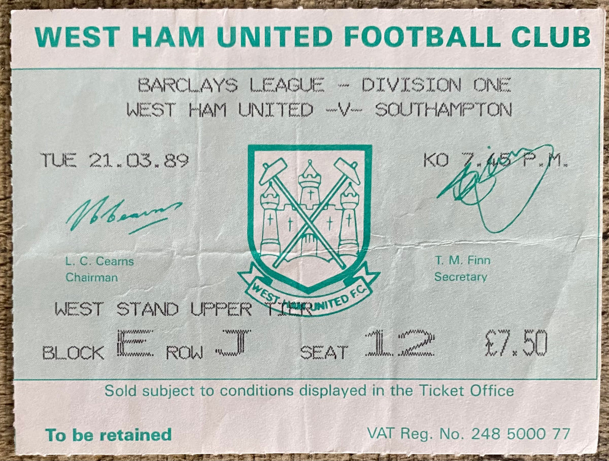 1988/89 ORIGINAL DIVISION ONE TICKET WEST HAM UNITED V SOUTHAMPTON