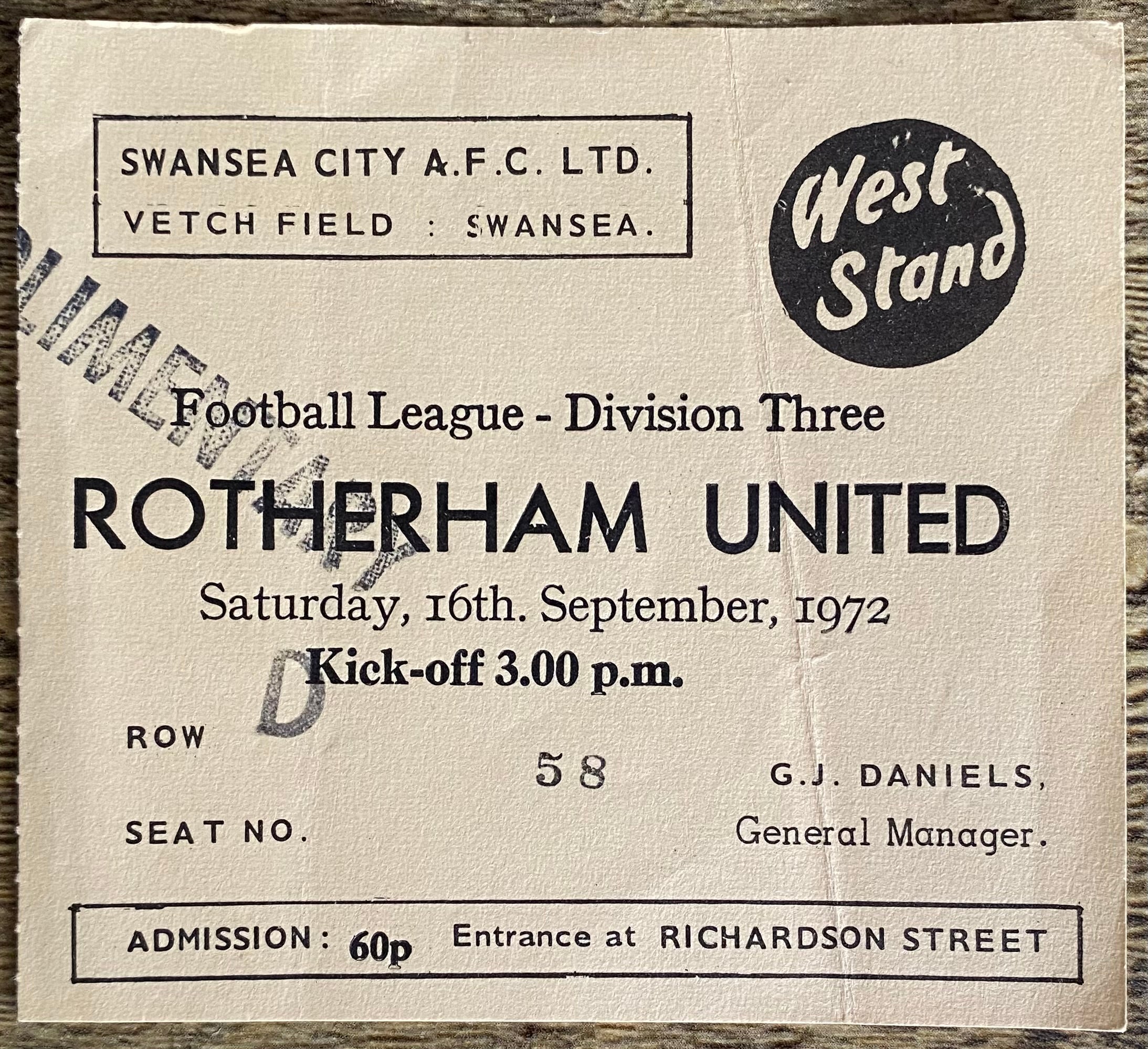 1972/73 ORIGINAL DIVISION 3 TICKET SWANSEA CITY V ROTHERHAM UNITED