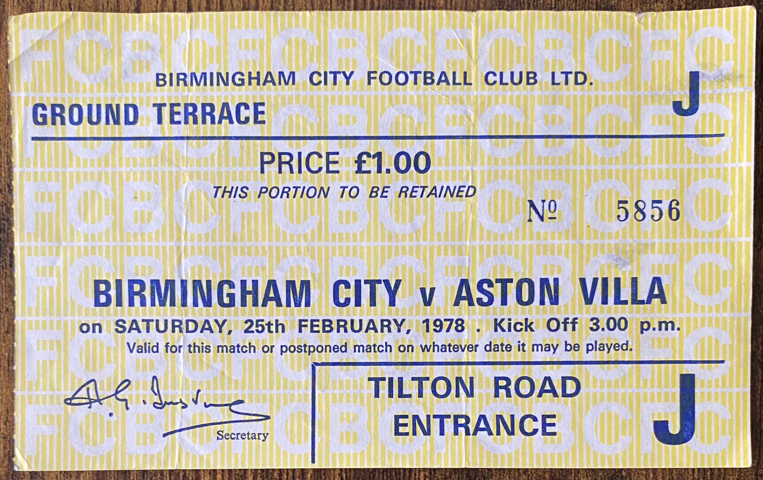 1977/78 ORIGINAL DIVISION 1 TICKET BIRMINGHAM CITY V ASTON VILLA