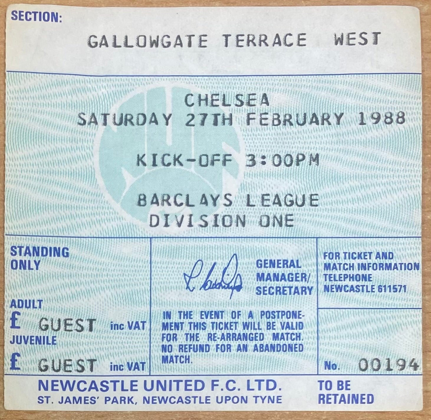 1987/88 ORIGINAL DIVISION 1 TICKET NEWCASTLE UNITED V CHELSEA