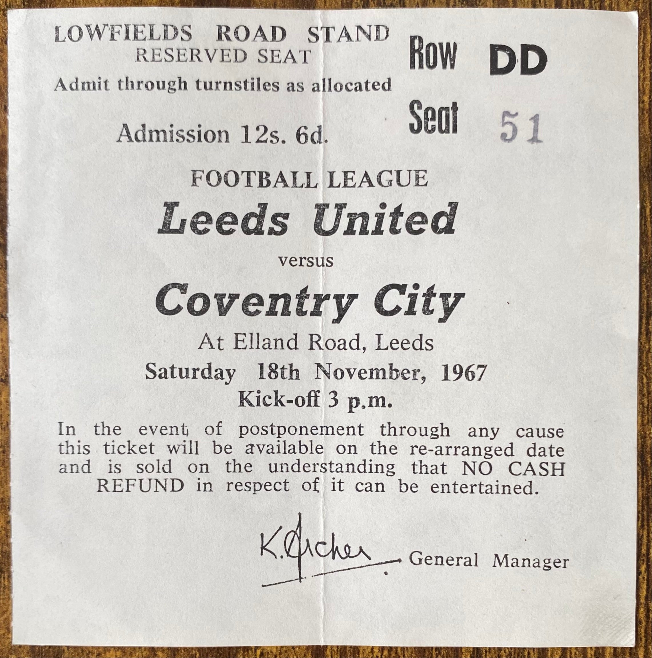 1967/68 ORIGINAL DIVISION ONE TICKET LEEDS UNITED V COVENTRY CITY