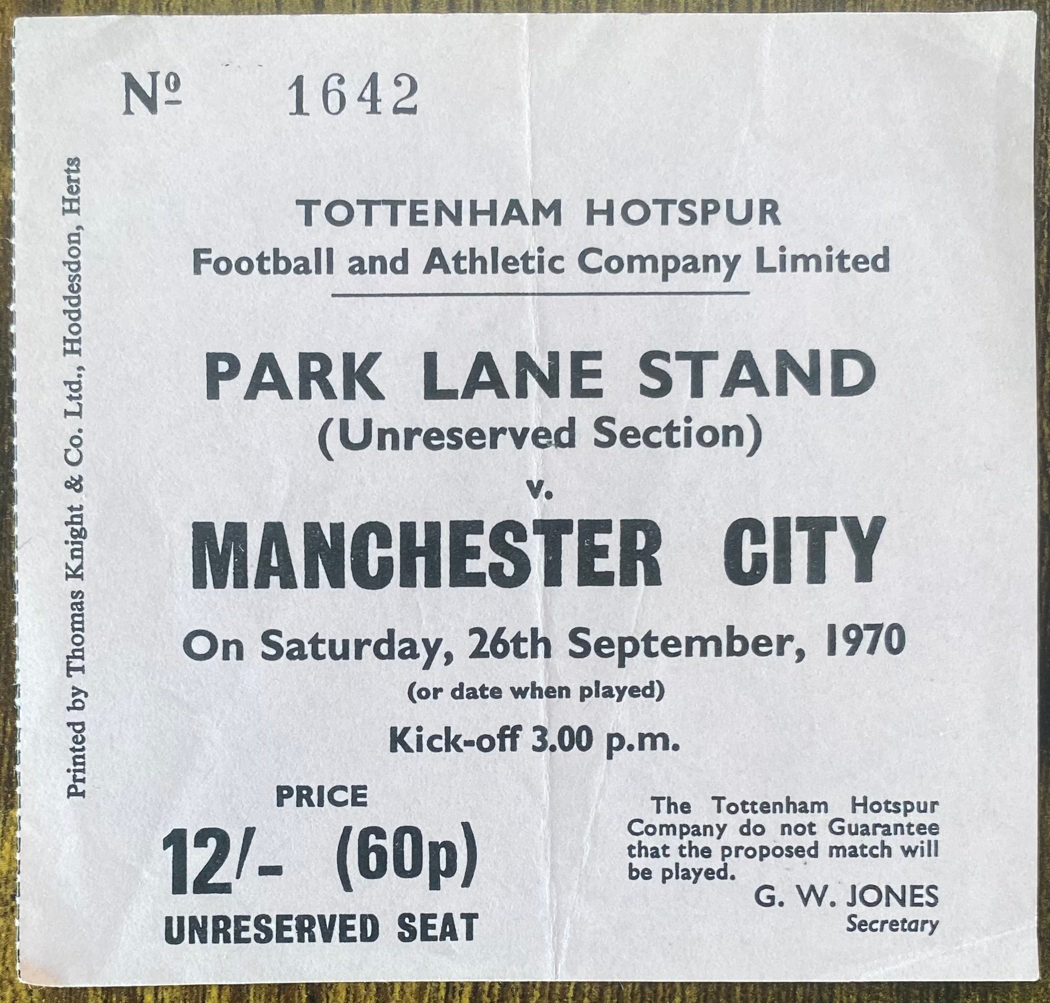 1970/71 ORIGINAL DIVISION ONE TICKET TOTTENHAM HOTSPUR V MANCHESTER CITY