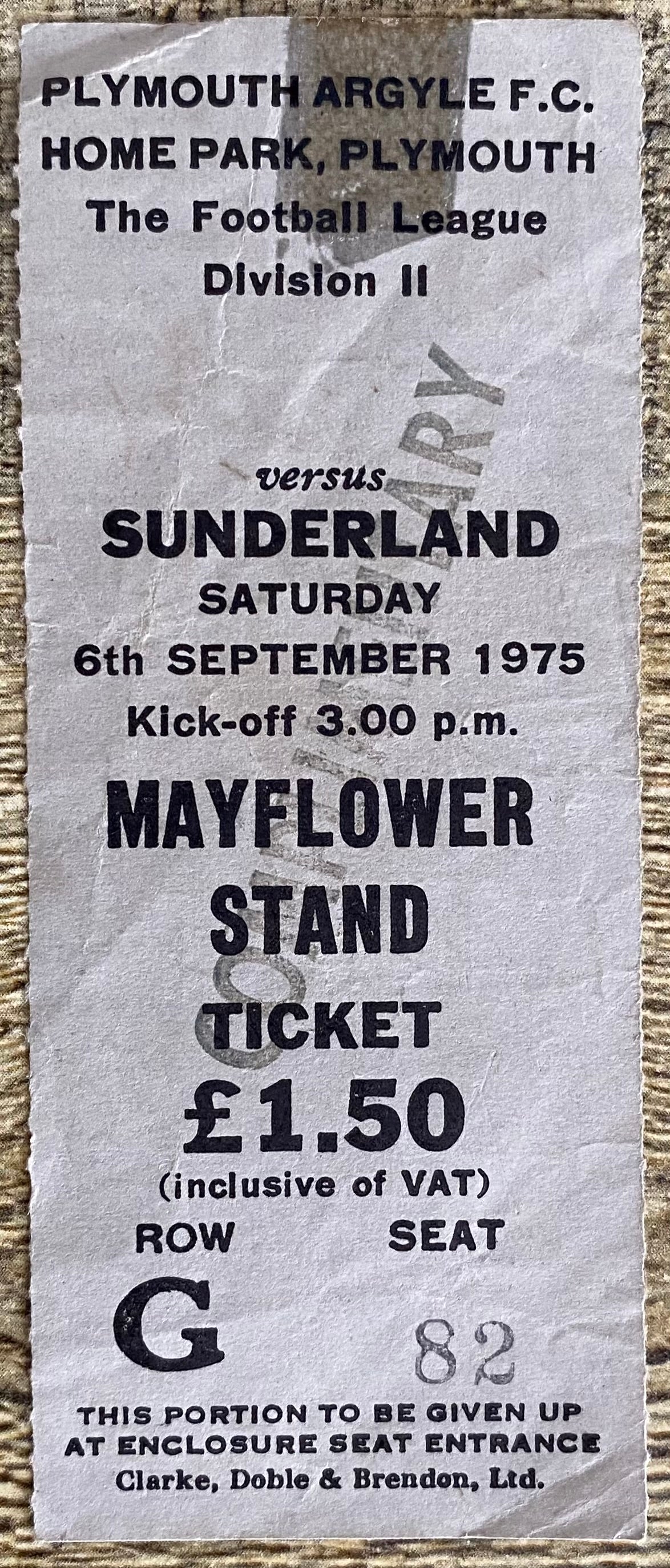 1975/76  ORIGINAL DIVISION 2 TICKET PLYMOUTH ARGYLE V SUNDERLAND