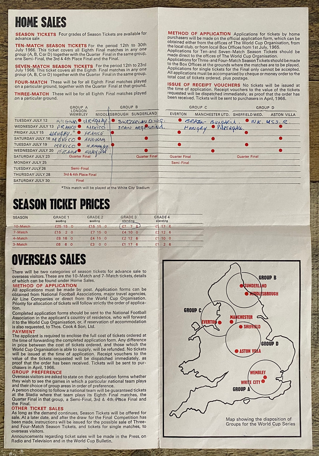 1966 WORLD CUP ORIGINAL OFFICIAL TICKET INFORMATION FOLD OUT BOOKLET