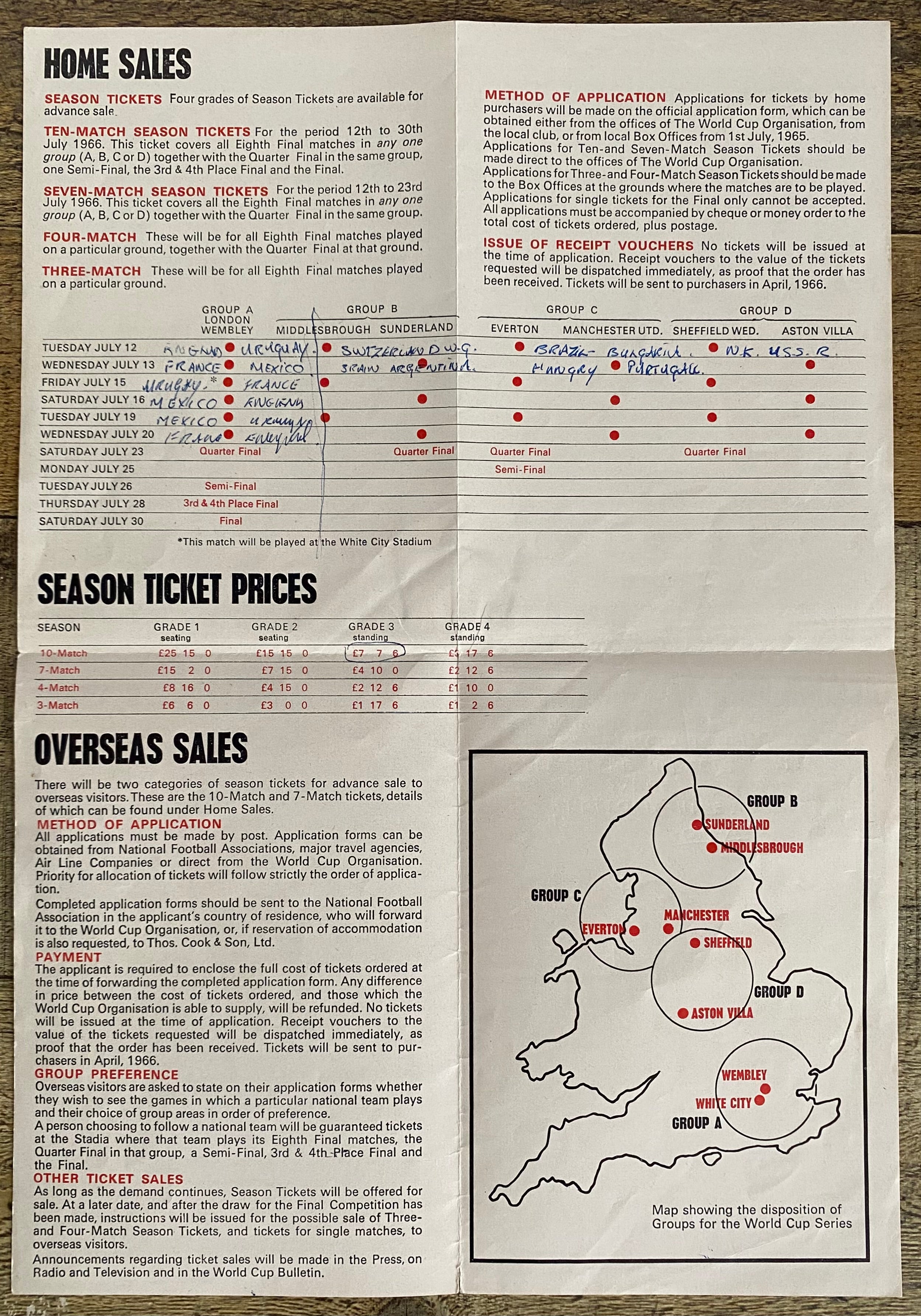1966 WORLD CUP ORIGINAL OFFICIAL TICKET INFORMATION FOLD OUT BOOKLET