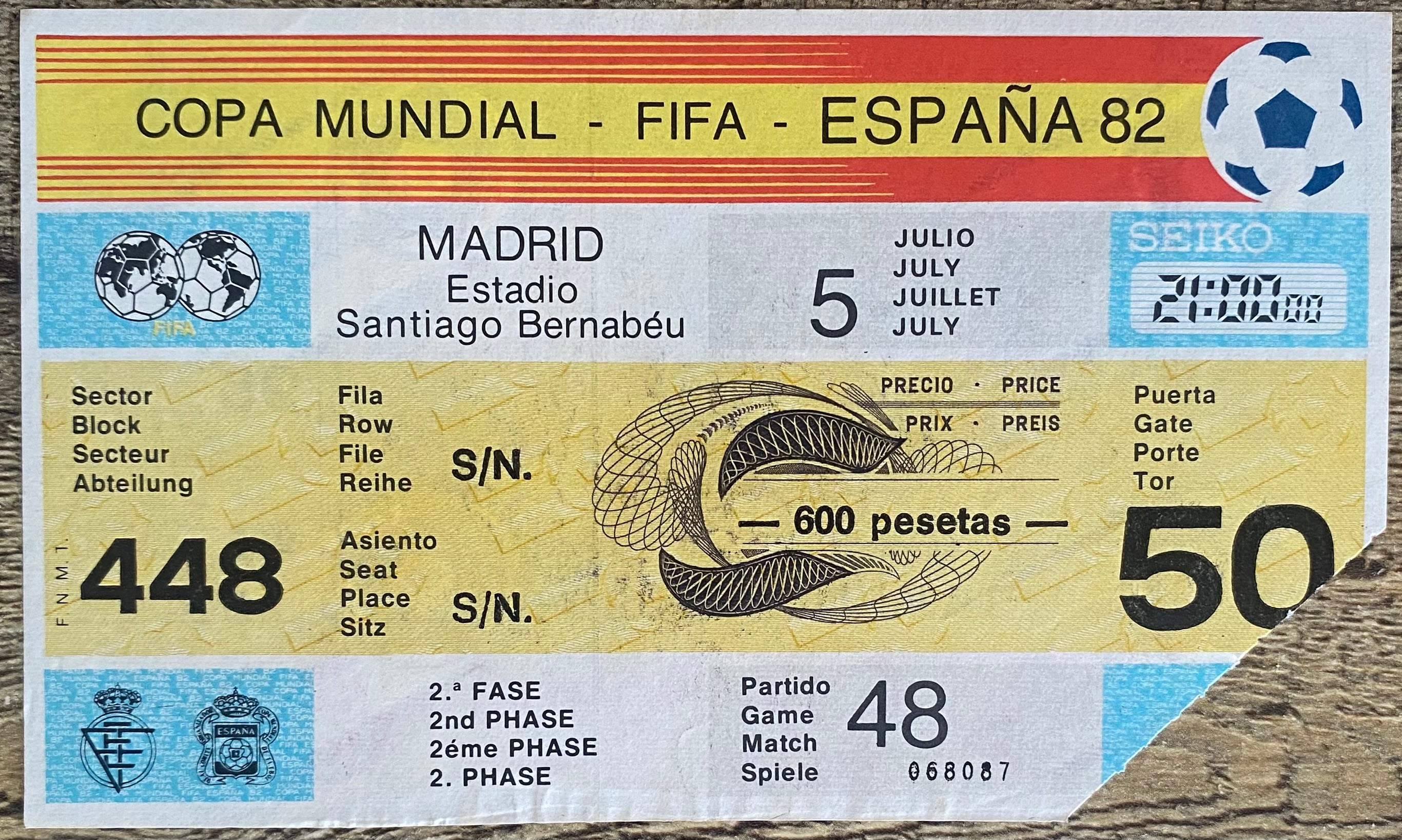 1982 ORIGINAL WORLD CUP 2ND PHASE TICKET ENGLAND V SPAIN @ MADRID
