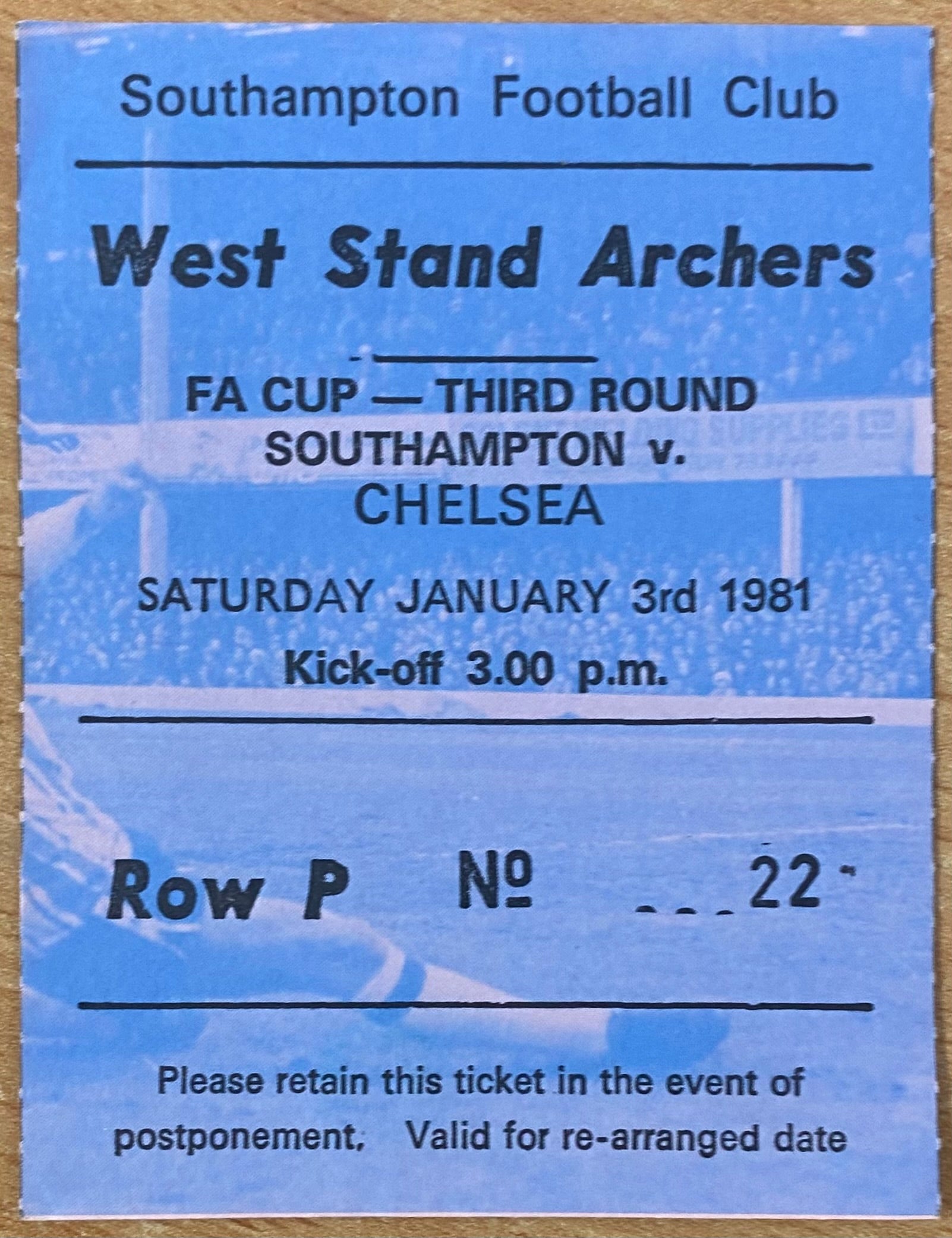 1980/81 ORIGINAL FA CUP 3RD ROUND TICKET SOUTHAMPTON V CHELSEA