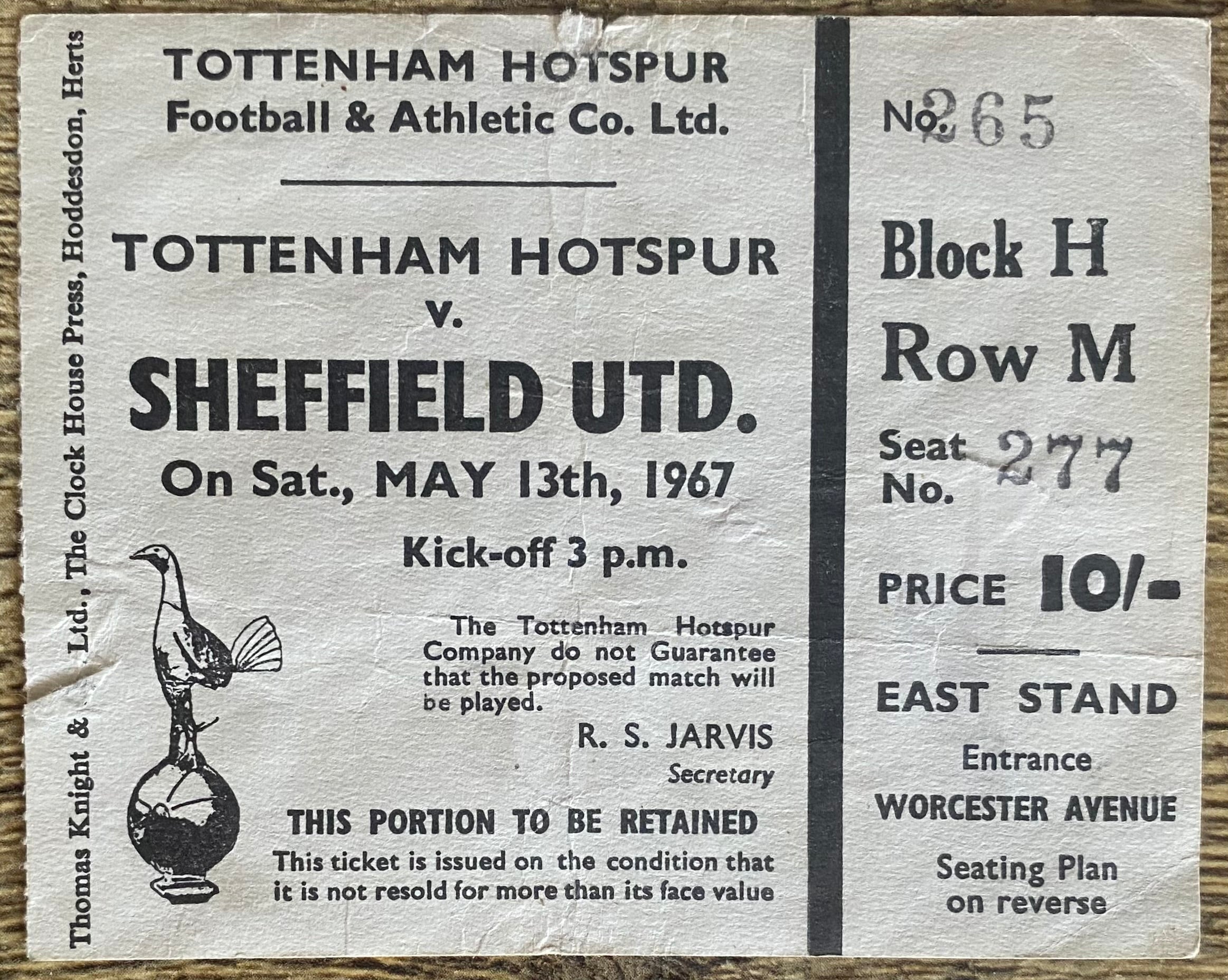 1966/67 ORIGINAL DIVISION ONE TICKET TOTTENHAM HOTSPUR V SHEFFIELD UNITED