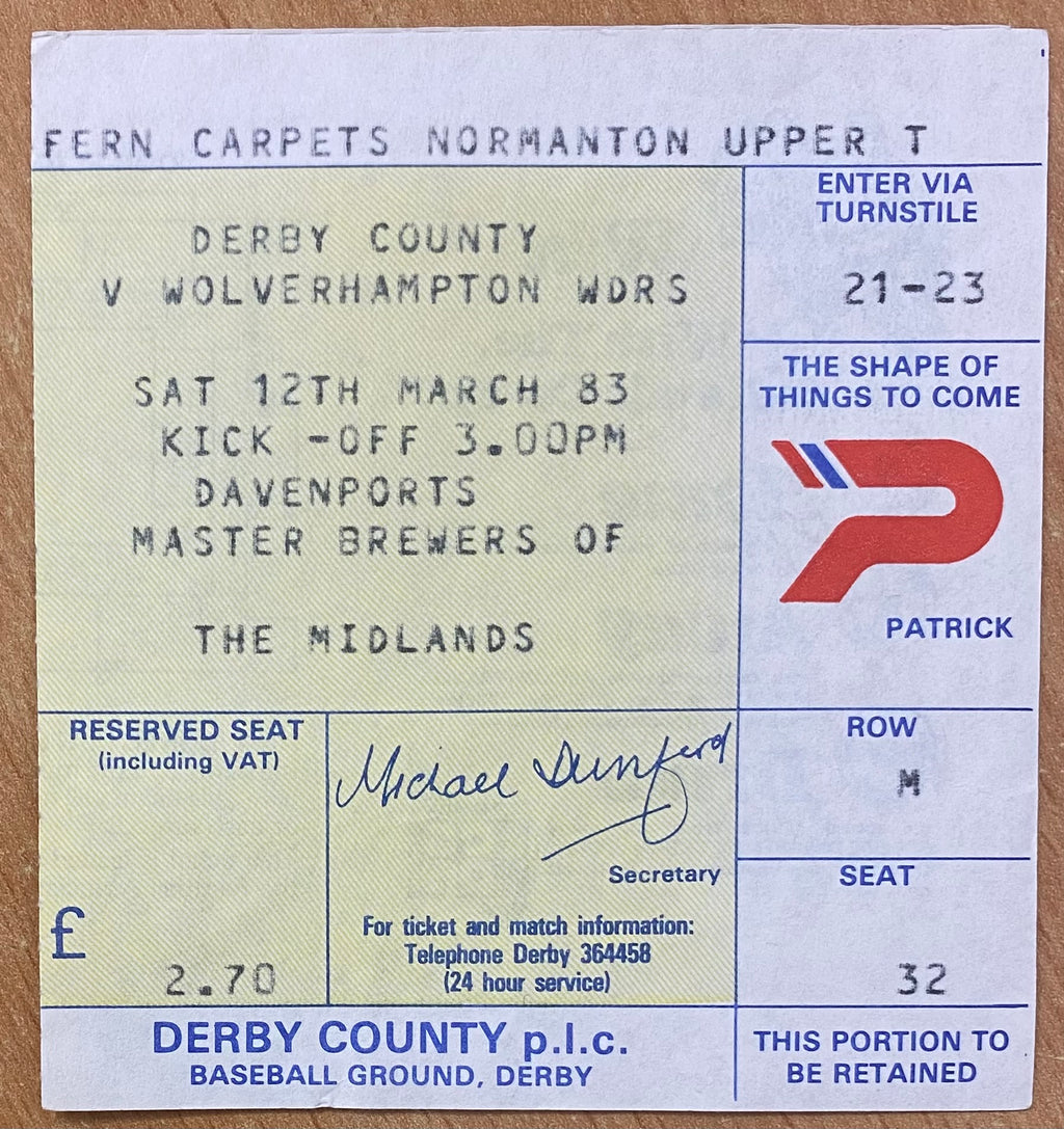 1982/83 ORIGINAL DIVISION 2 TICKET DERBY COUNTY V WOLVERHAMPTON WANDERERS