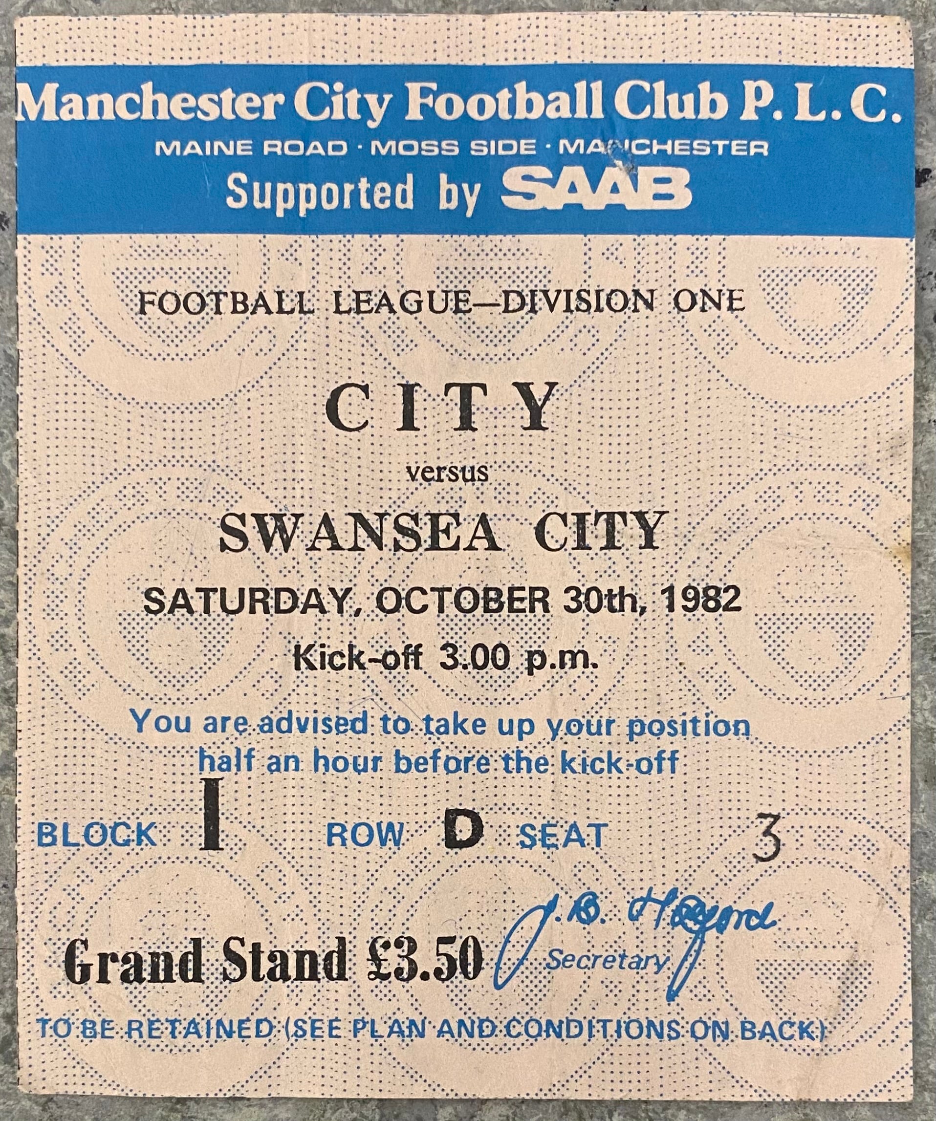 1982/83 ORIGINAL DIVISION 1 TICKET MANCHESTER CITY V SWANSEA CITY
