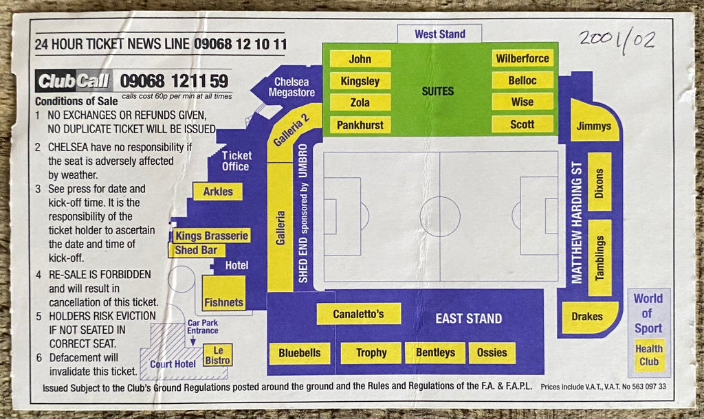 2001/02 ORIGINAL FA PREMIERSHIP TICKET CHELSEA V ASTON VILLA