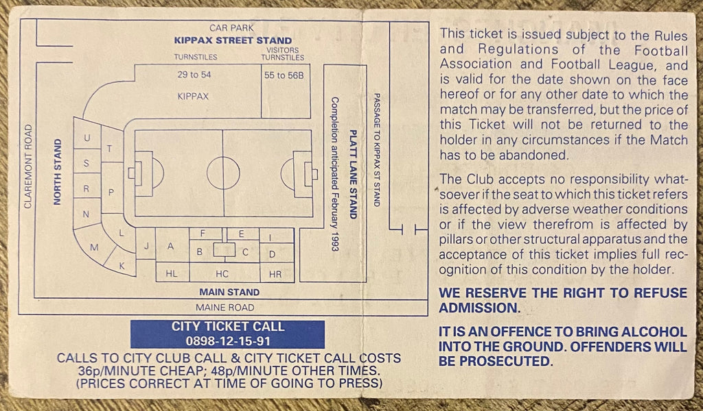 1993/94 ORIGINAL FA PREMIERSHIP TICKET MANCHESTER CITY V WEST HAM UNITED
