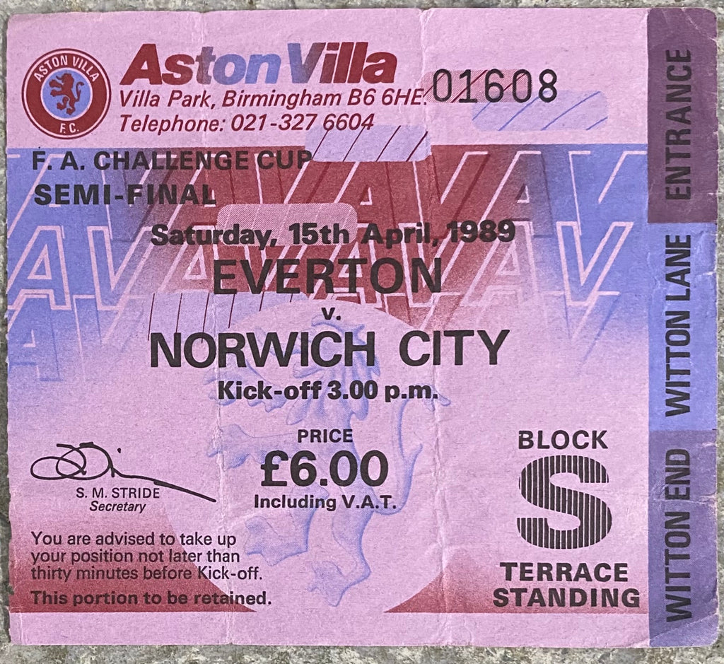 1989 ORIGINAL FA CUP SEMI FINAL TICKET EVERTON V NORWICH CITY @ VILLA PARK