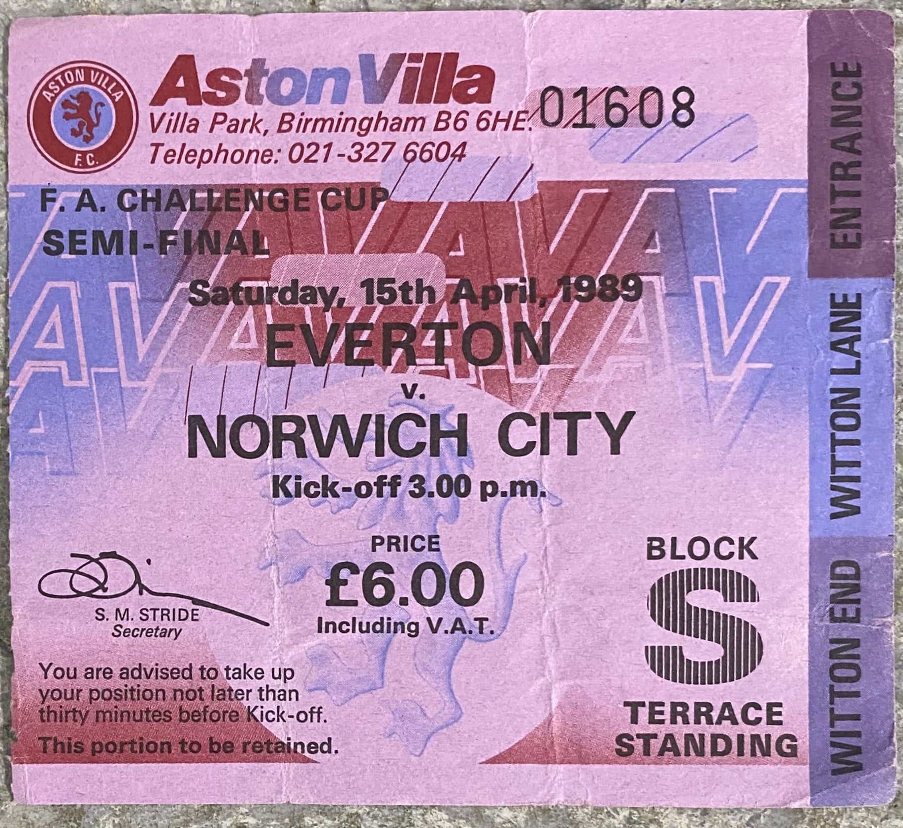 1989 ORIGINAL FA CUP SEMI FINAL TICKET EVERTON V NORWICH CITY @ VILLA PARK