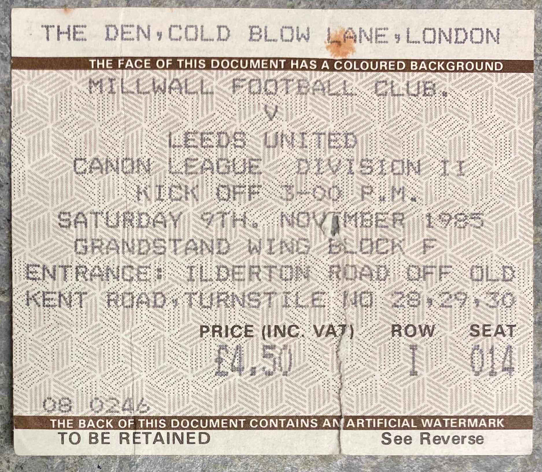 1985/86 ORIGINAL DIVISION TWO TICKET MILLWALL V LEEDS UNITED