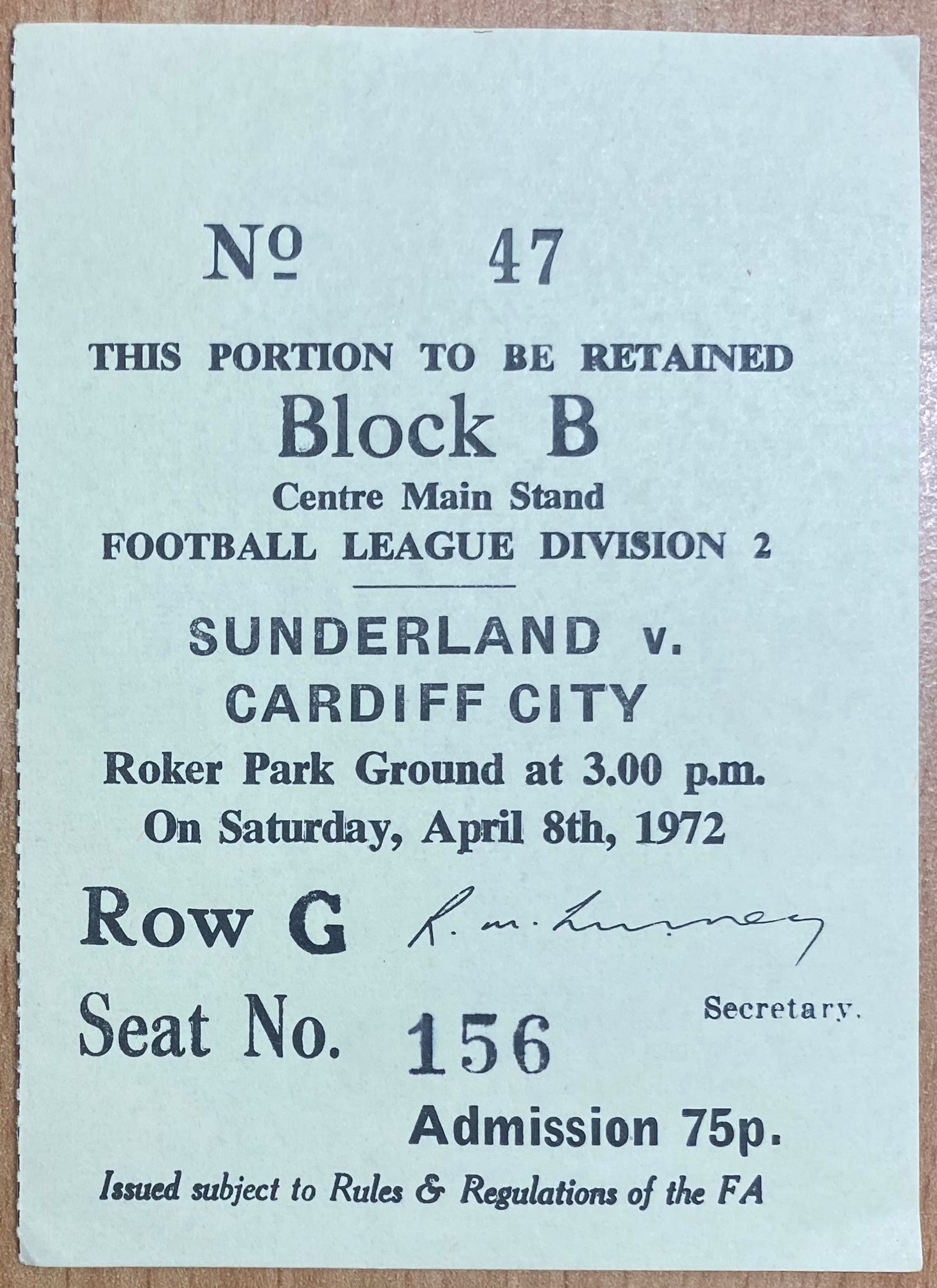 1971/72 ORIGINAL DIVISION 2 TICKET SUNDERLAND V CARDIFF CITY