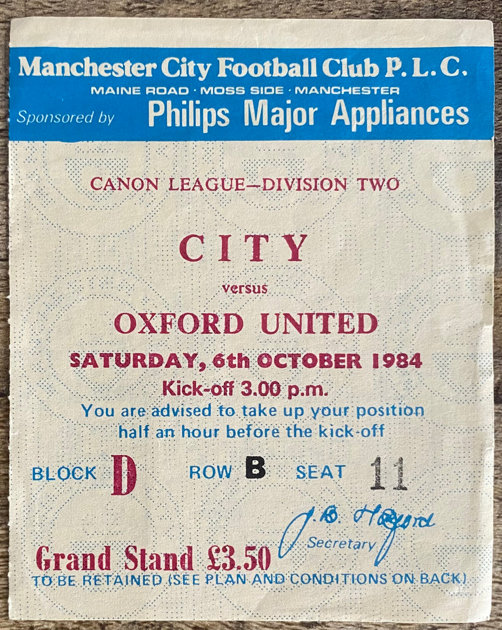 1984/85 ORIGINAL DIVISION 2 TICKET MANCHESTER CITY V OXFORD UNITED