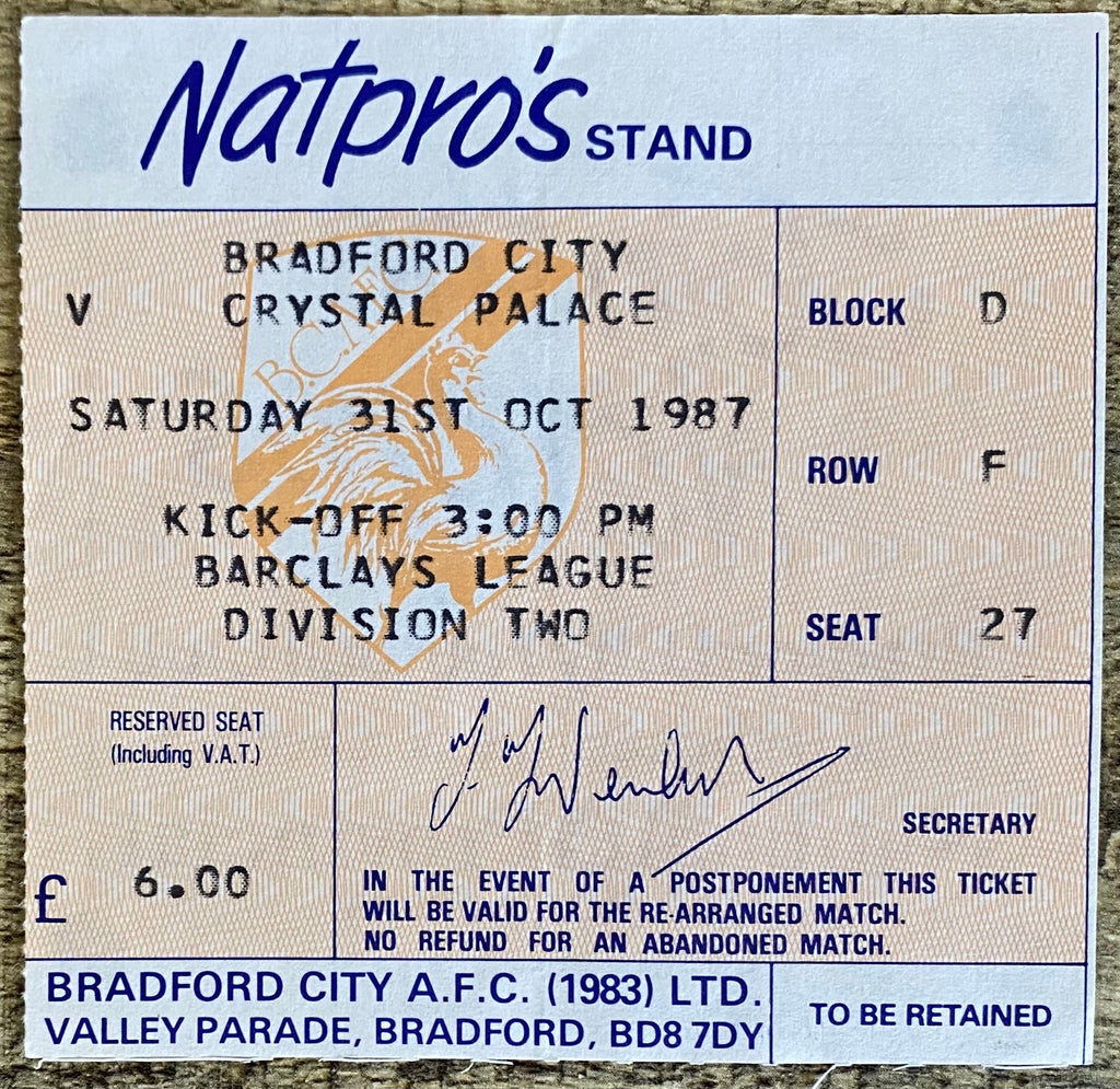 1987/88 ORIGINAL DIVISION 2 TICKET BRADFORD CITY V CRYSTAL PALACE