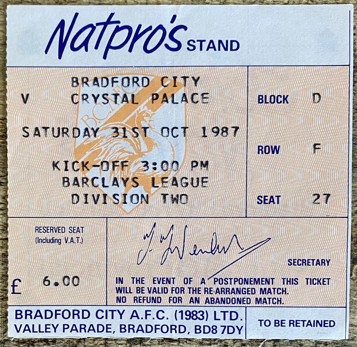 1987/88 ORIGINAL DIVISION 2 TICKET BRADFORD CITY V CRYSTAL PALACE