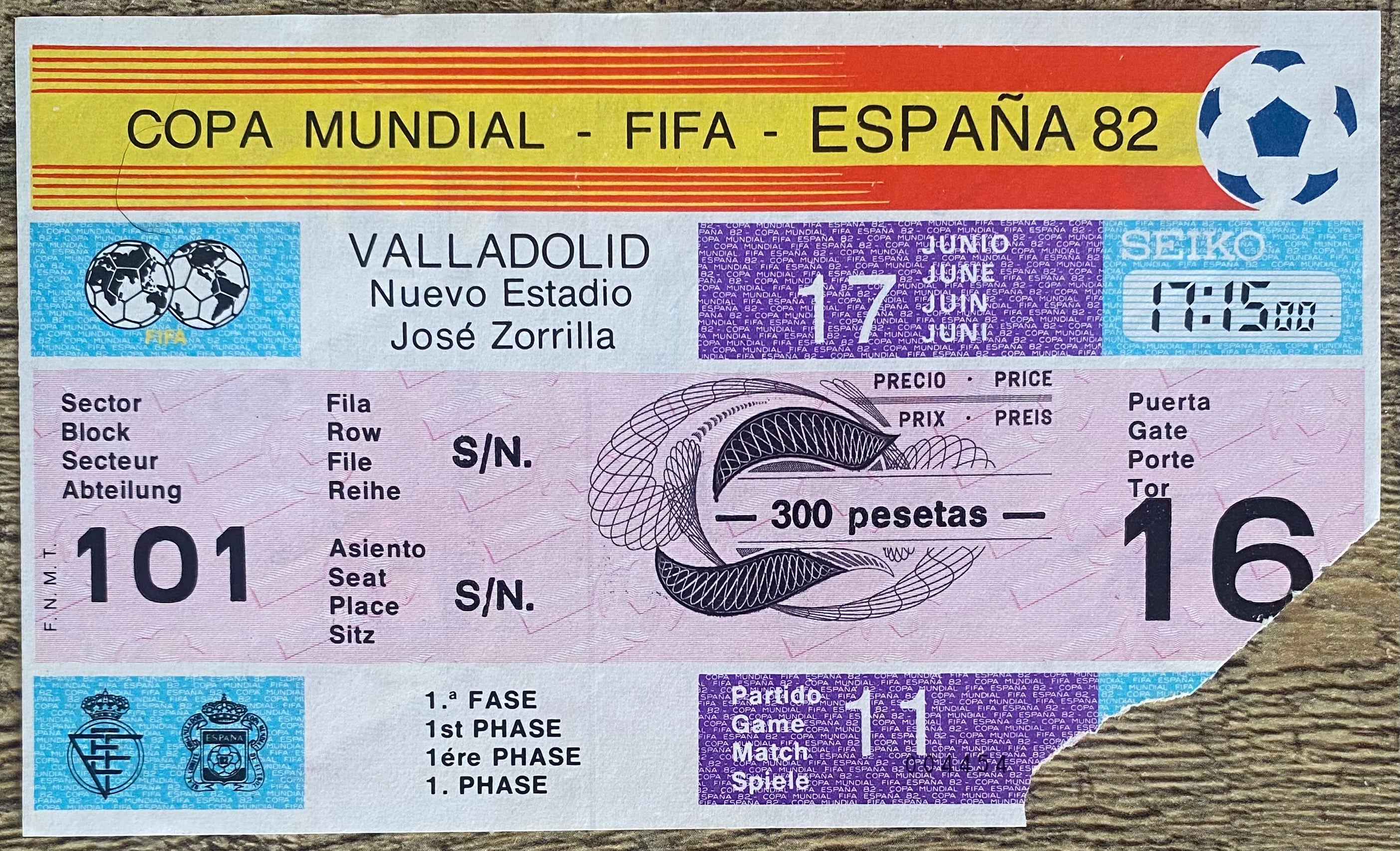 1982 ORIGINAL WORLD CUP 1ST ROUND TICKET CZECHOSLOVAKIA V KUWAIT @ VALLADOLID