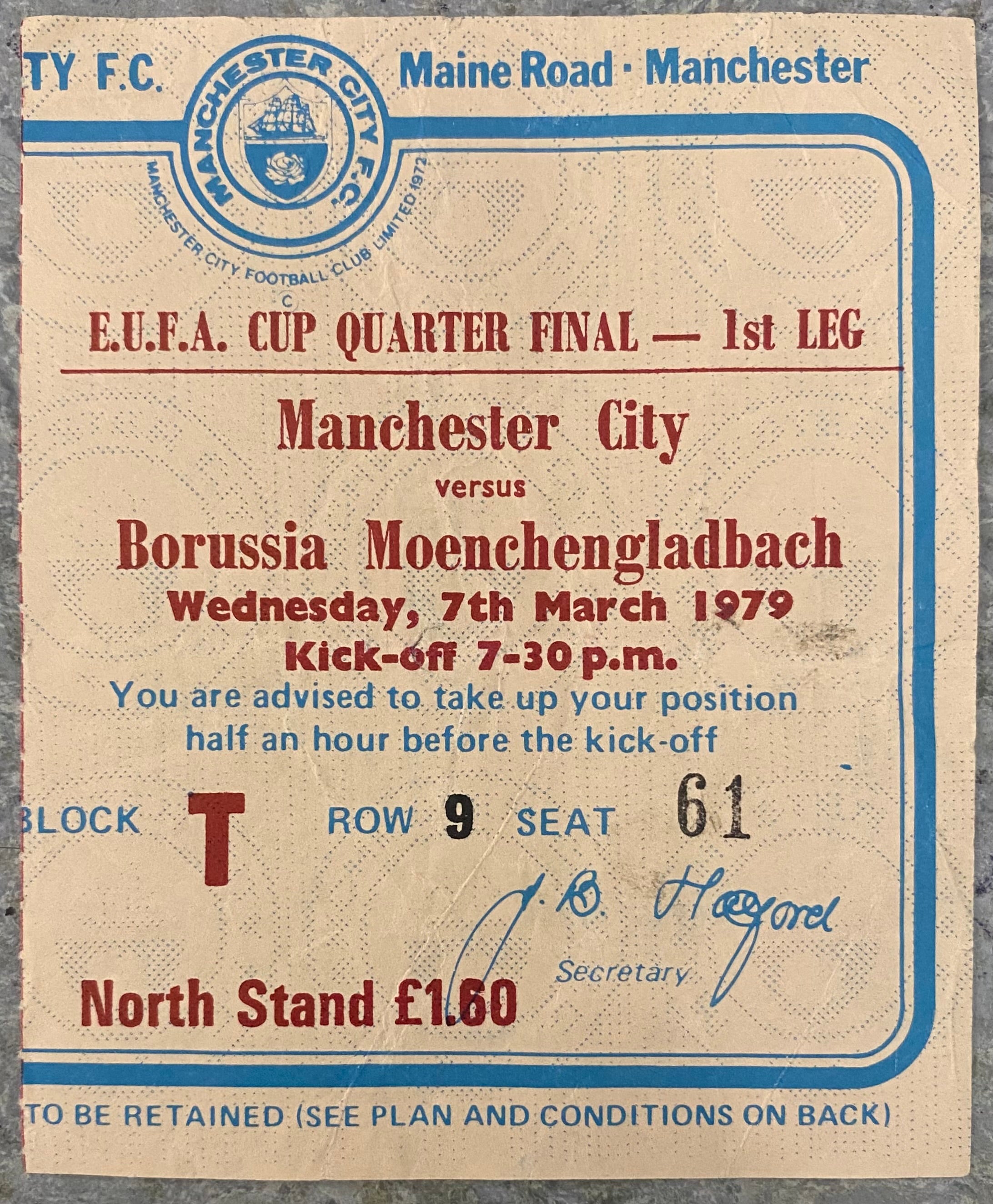 1978/79 ORIGINAL UEFA CUP QUARTER FINAL 1ST LEG TICKET MANCHESTER CITY V BORUSSIA MOENCHENGLADBACH