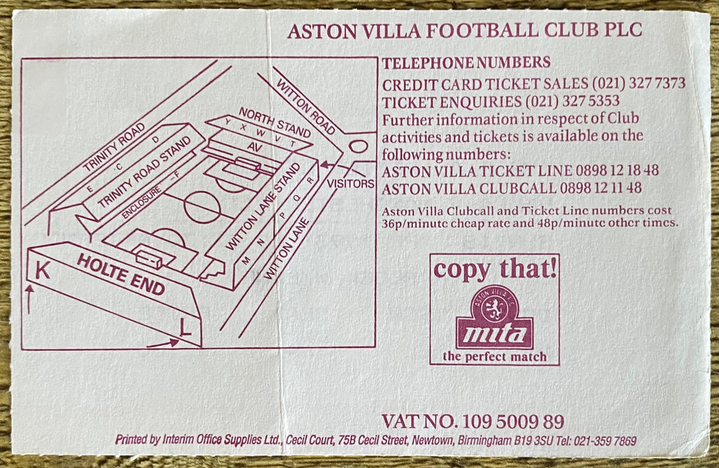 1992/93 ORIGINAL PREMIER LEAGUE TICKET ASTON VILLA V MANCHESTER CITY