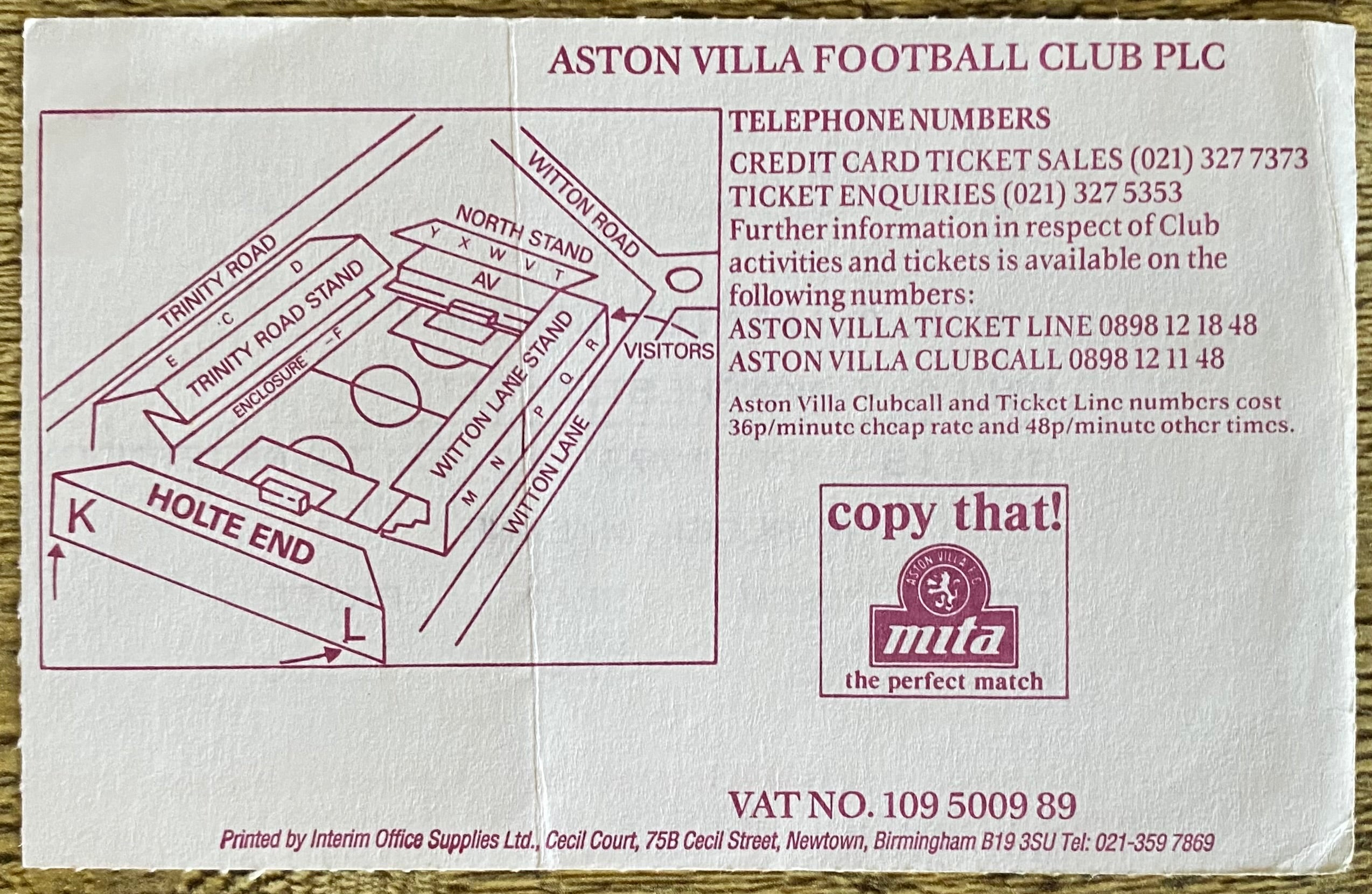 1992/93 ORIGINAL PREMIER LEAGUE TICKET ASTON VILLA V MANCHESTER CITY
