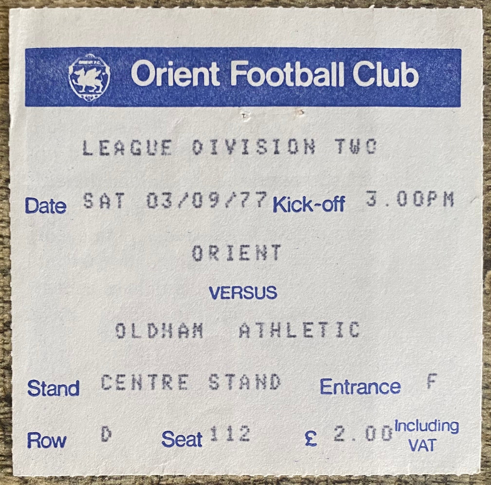1977/78 ORIGINAL DIVISION 2 TICKET ORIENT V OLDHAM ATHLETIC