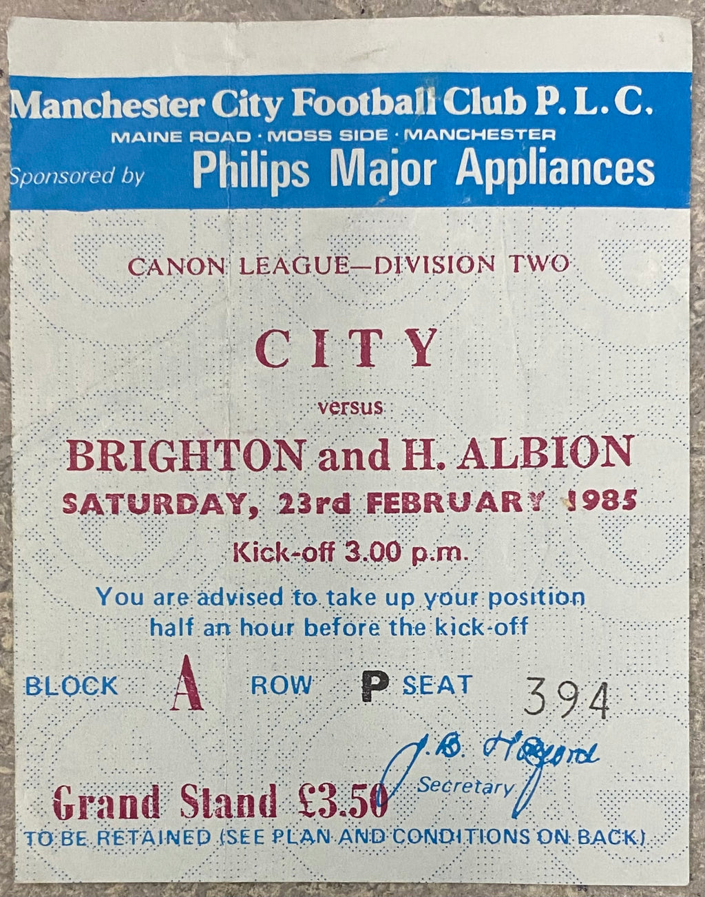 1984/85 ORIGINAL DIVISION 2 TICKET MANCHESTER CITY V BRIGHTON AND HOVE ALBION