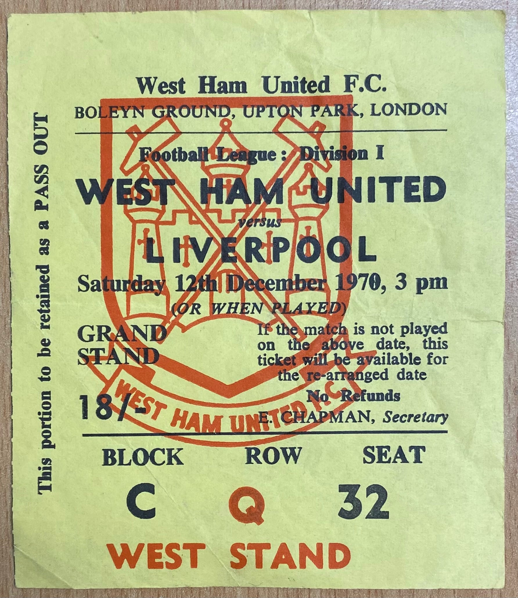 1970/71 ORIGINAL DIVISION 1 TICKET WEST HAM UNITED V LIVERPOOL