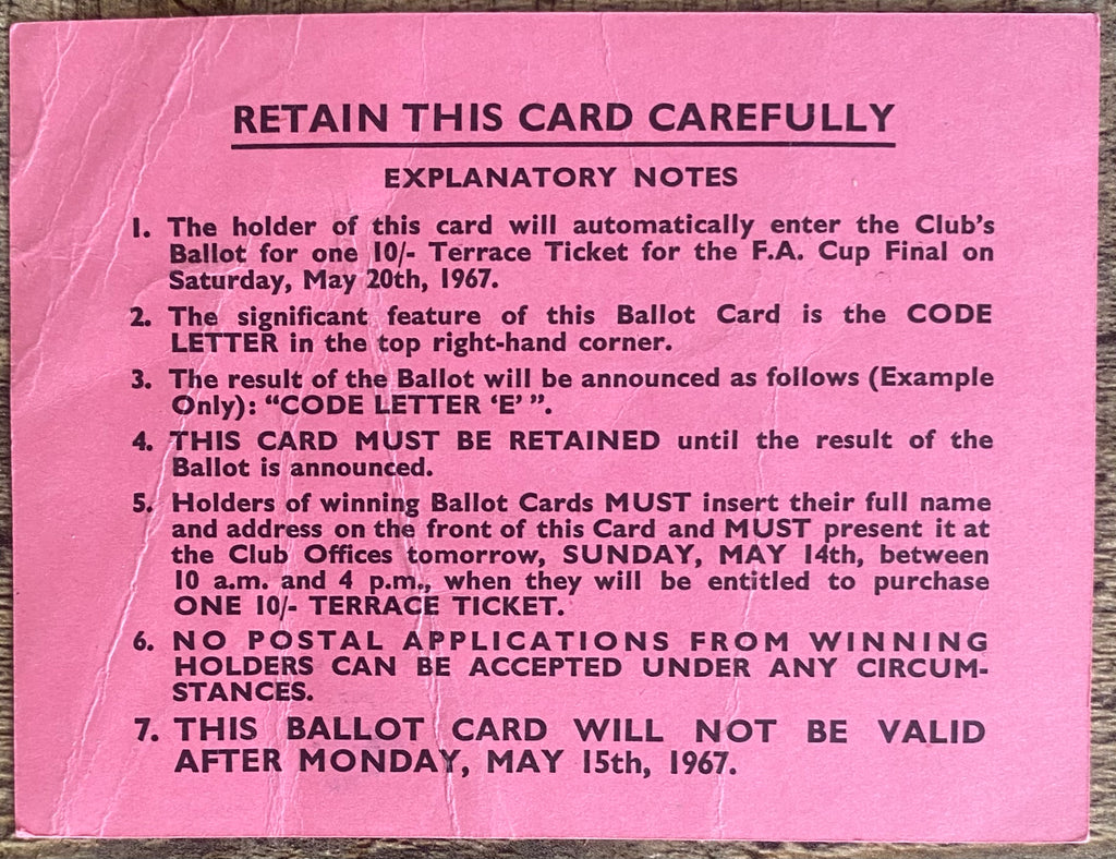 1967 ORIGINAL FA CUP FINAL TICKET TOTTENHAM HOTSPUR BALLOT CARD