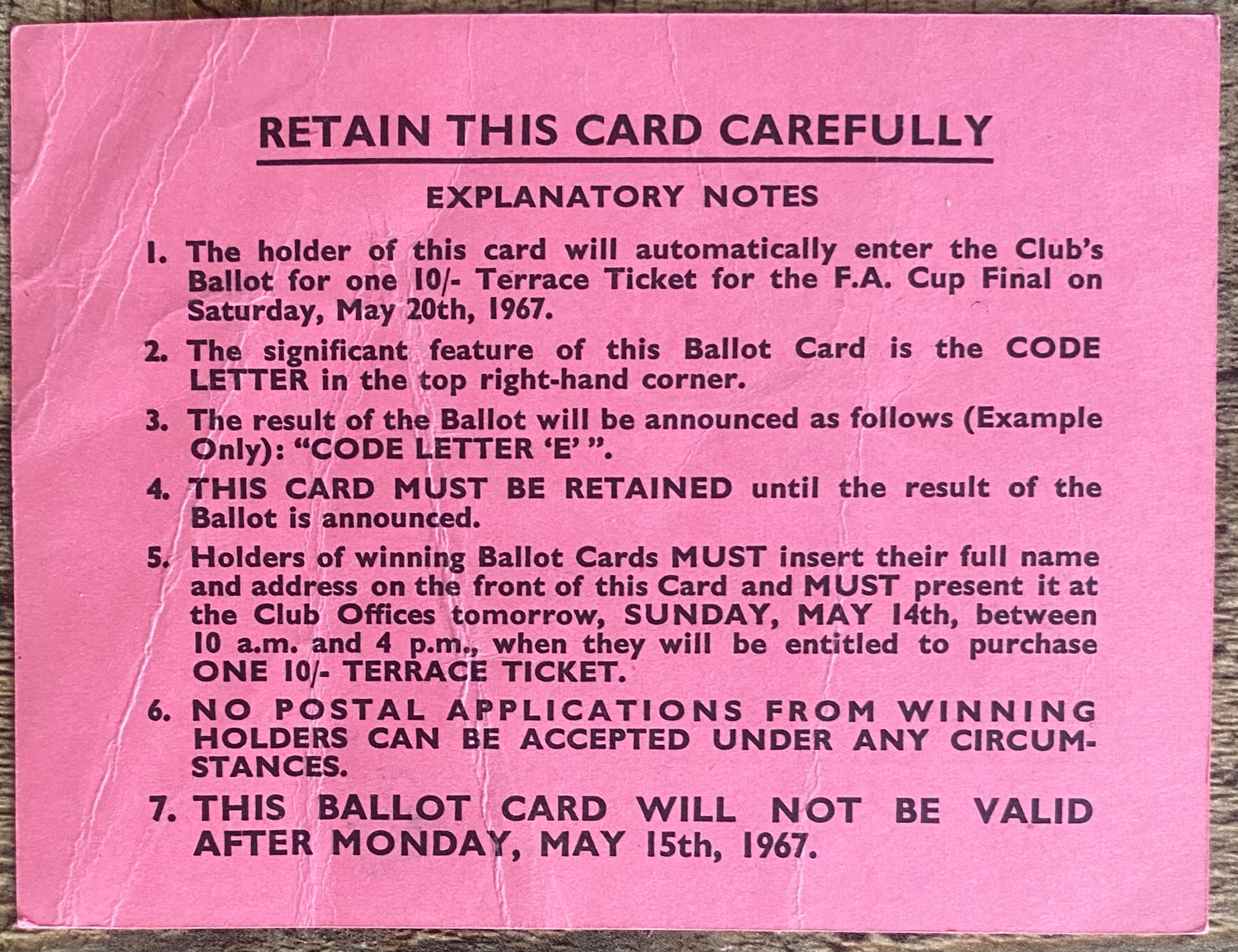1967 ORIGINAL FA CUP FINAL TICKET TOTTENHAM HOTSPUR BALLOT CARD