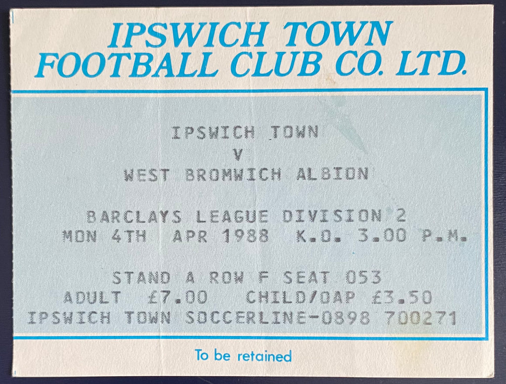 1987/88 ORIGINAL DIVISION 2 TICKET IPSWICH TOWN V WEST BROMWICH ALBION