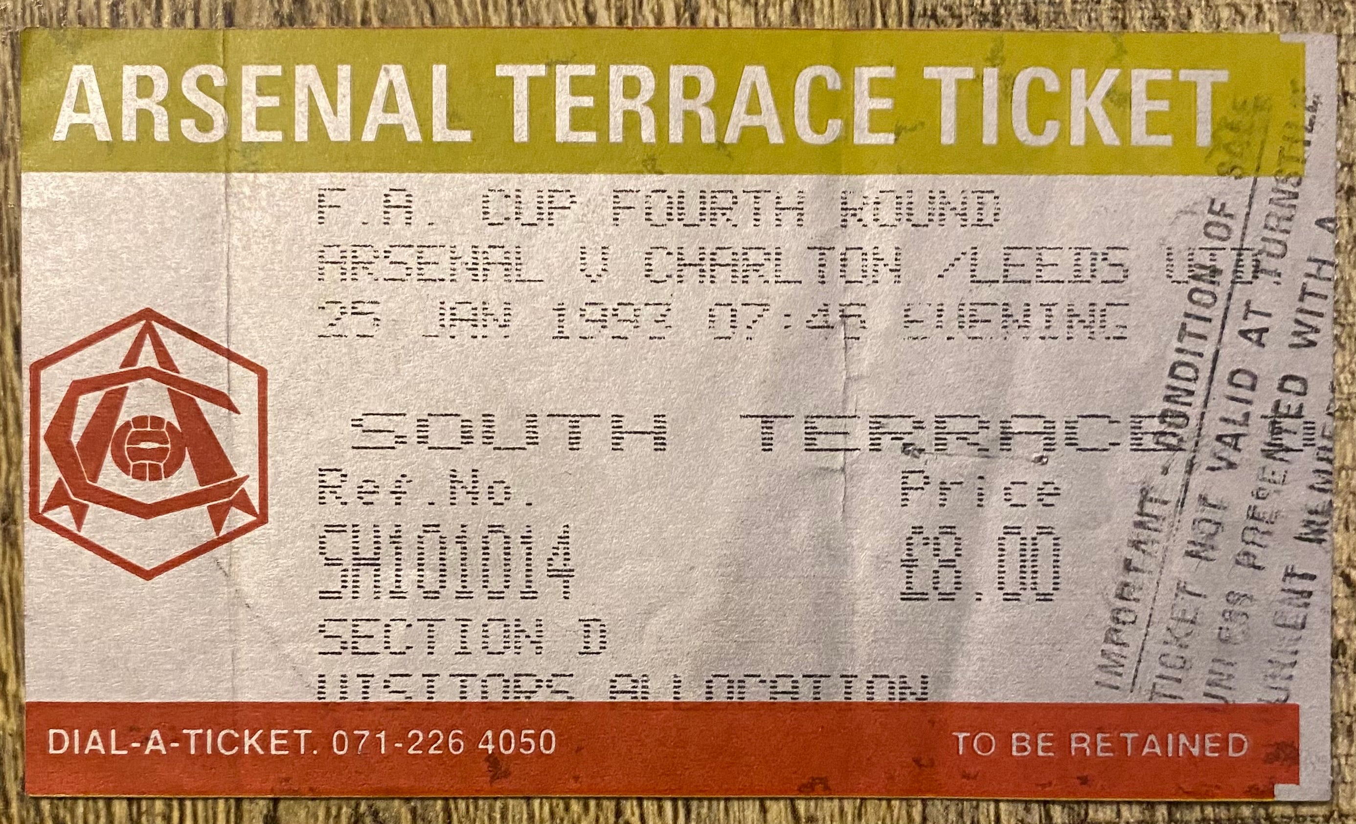 1992/93  ORIGINAL FA CUP 4TH ROUND TICKET ARSENAL V LEEDS UNITED