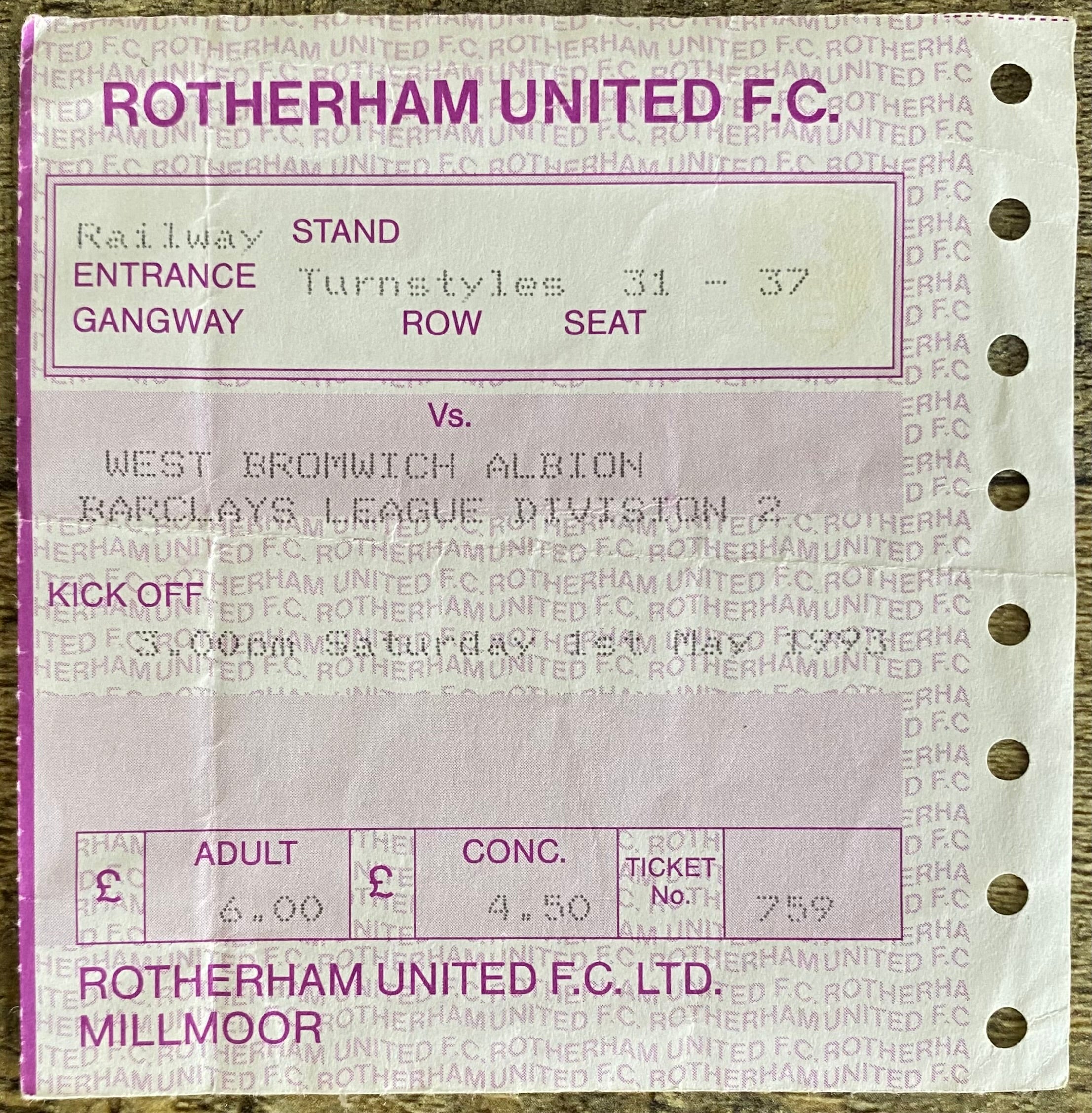 1992/93 ORIGINAL DIVISION 2 TICKET ROTHERHAM UNITED V WEST BROMWICH ALBION