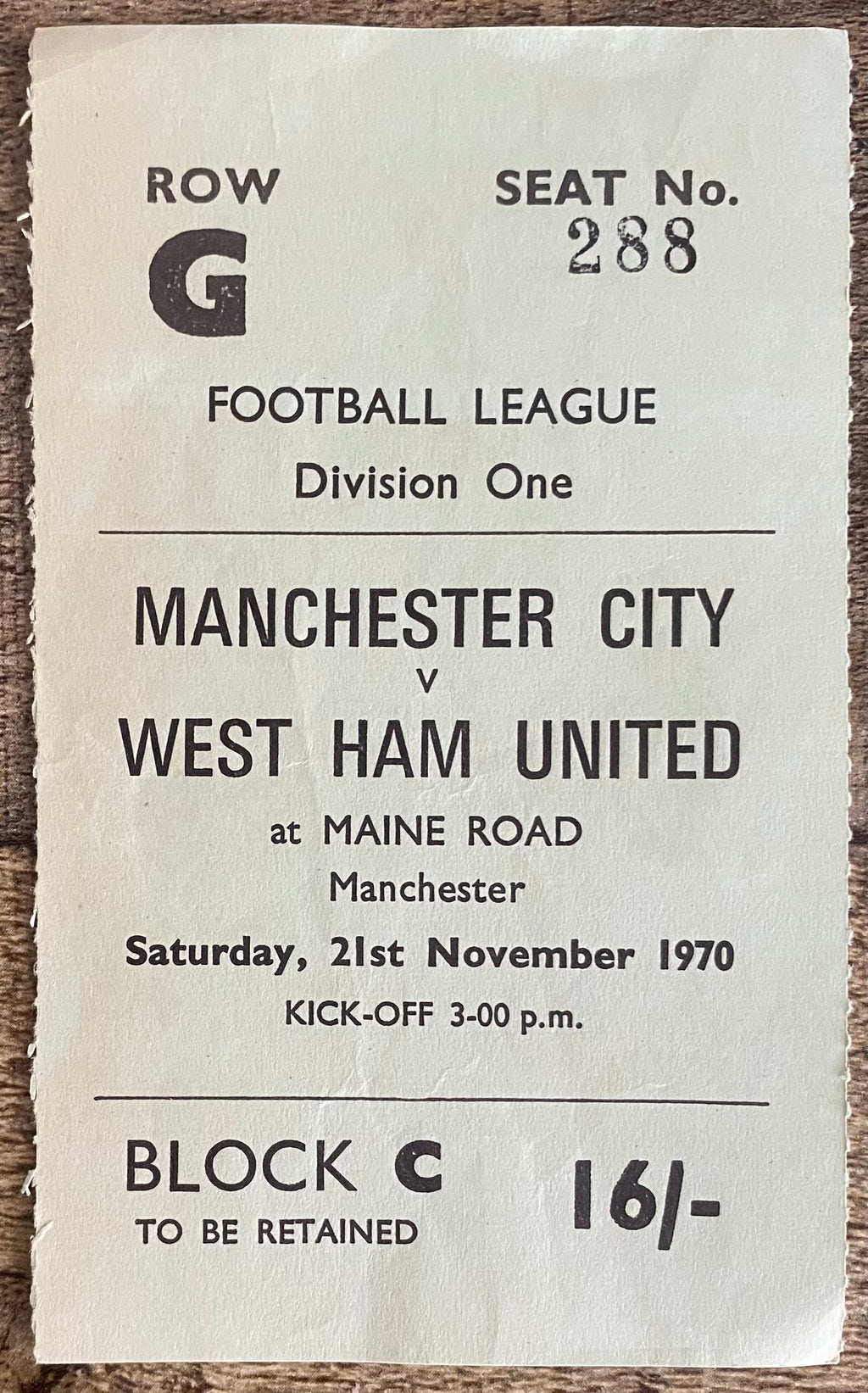 1970/71 ORIGINAL DIVISION 1 TICKET MANCHESTER CITY V WEST HAM UNITED
