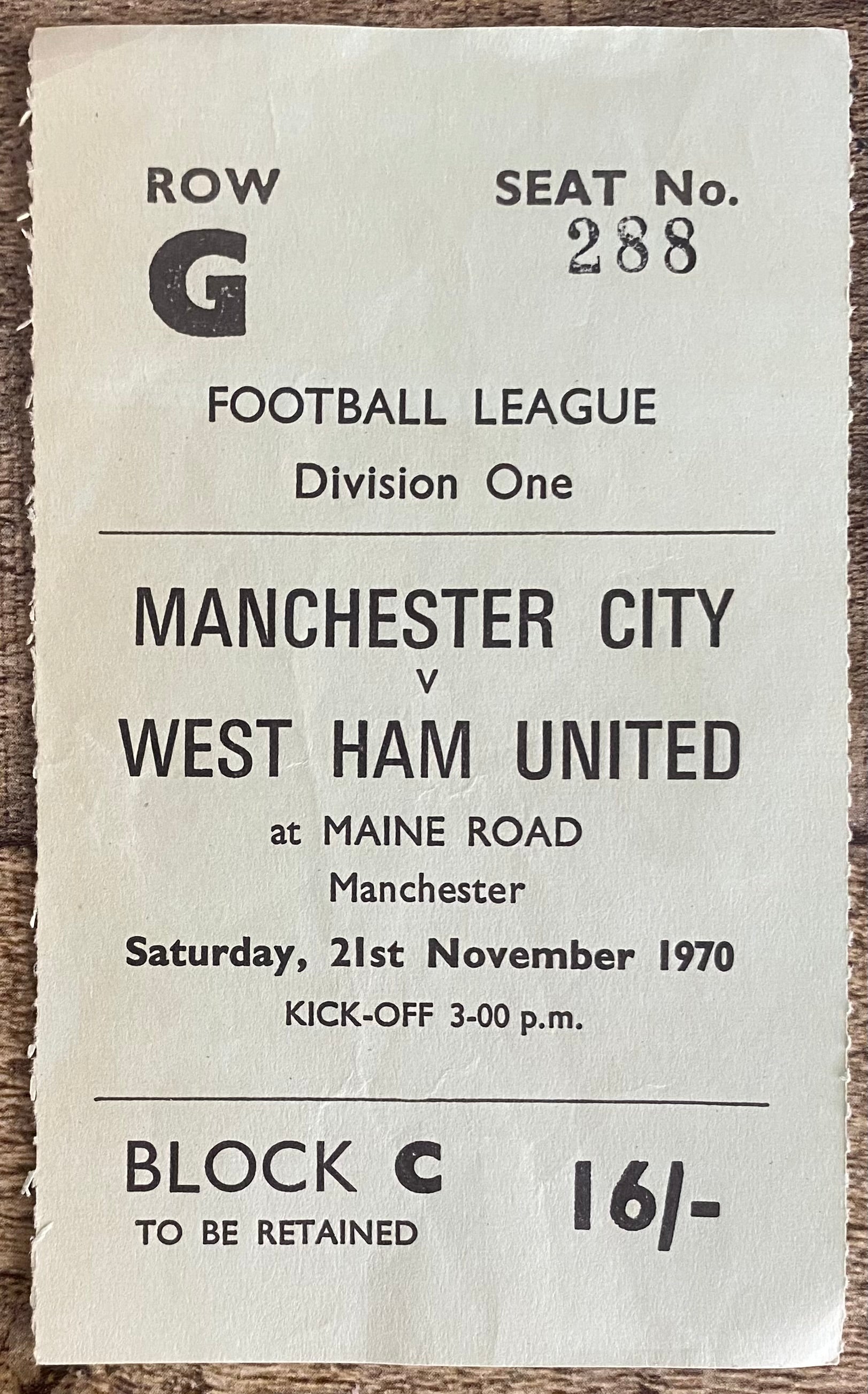 1970/71 ORIGINAL DIVISION 1 TICKET MANCHESTER CITY V WEST HAM UNITED