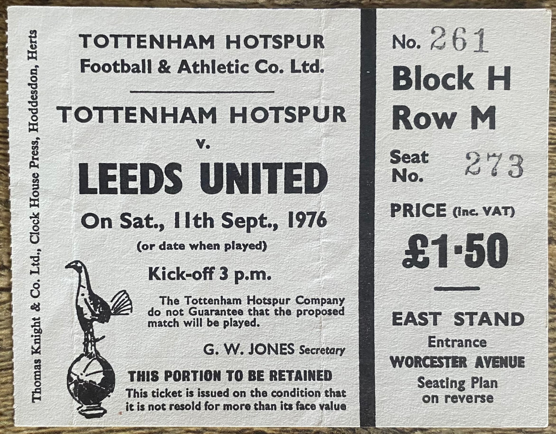 1976/77 ORIGINAL DIVISION ONE TICKET TOTTENHAM HOTSPUR V LEEDS UNITED