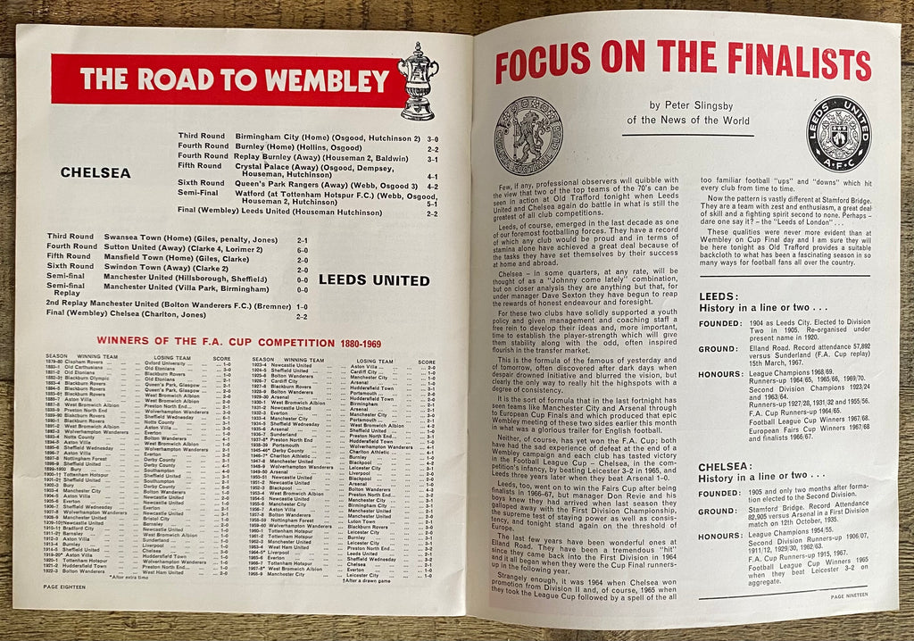 1970 ORIGINAL FA CUP FINAL REPLAY PROGRAMME CHELSEA V LEEDS UNITED @ OLD TRAFFORD
