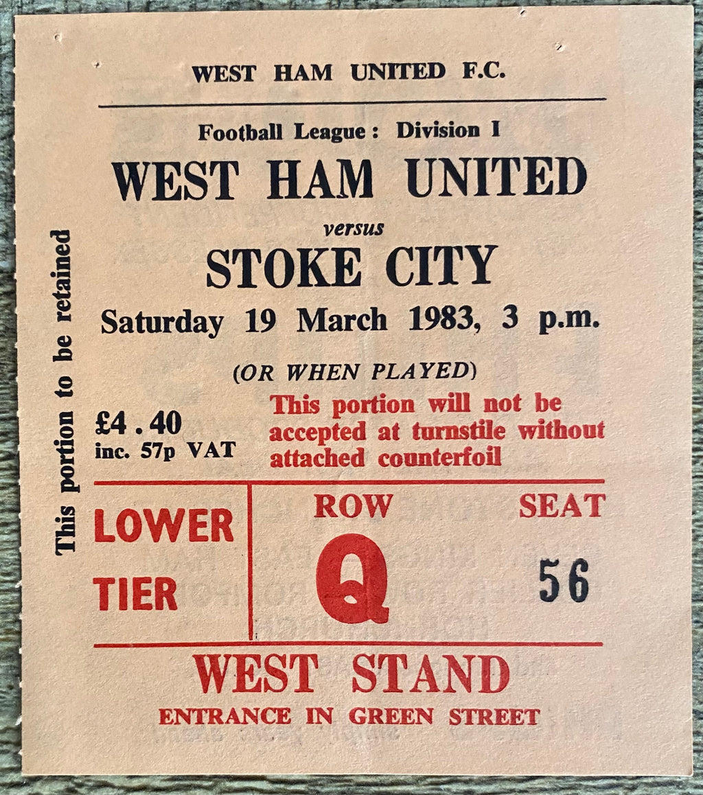 1982/83 ORIGINAL DIVISION 1 TICKET WEST HAM UNITED V STOKE CITY