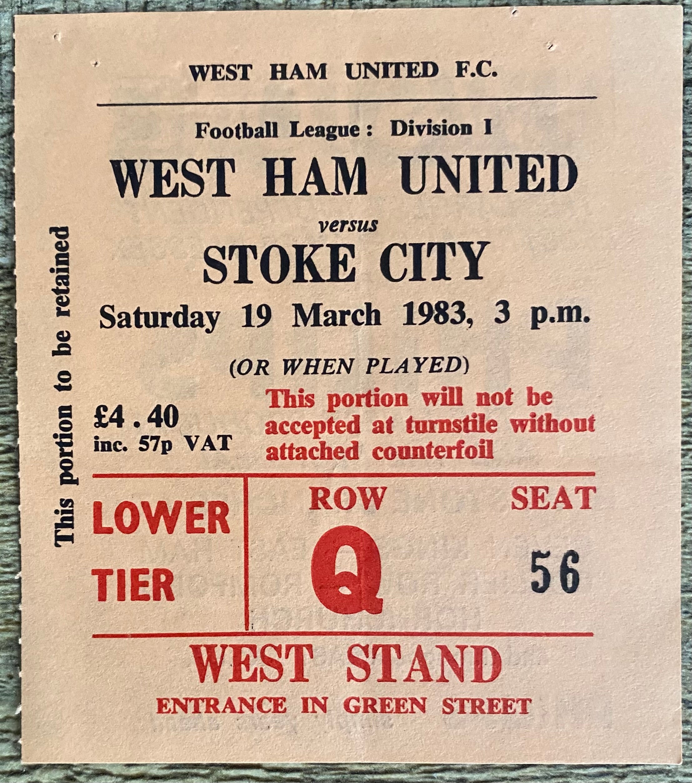 1982/83 ORIGINAL DIVISION 1 TICKET WEST HAM UNITED V STOKE CITY