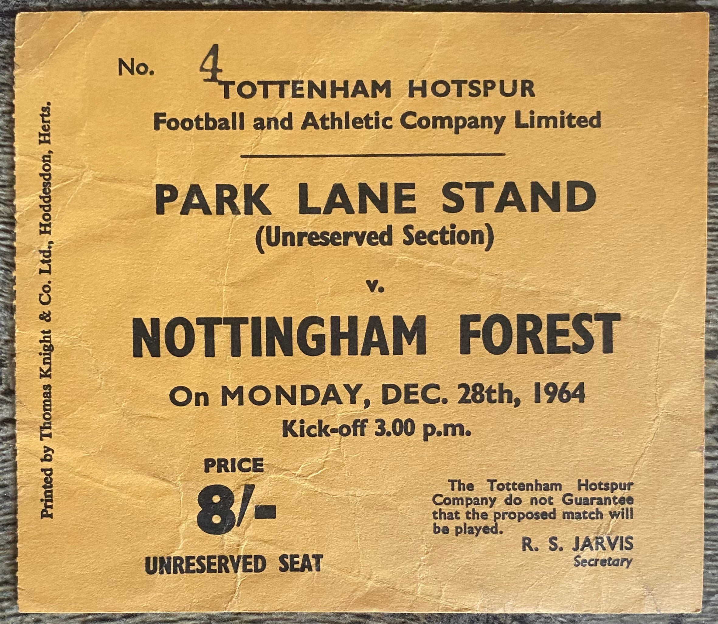 1964/65 ORIGINAL DIVISION ONE TICKET TOTTENHAM HOTSPUR V NOTTINGHAM FOREST