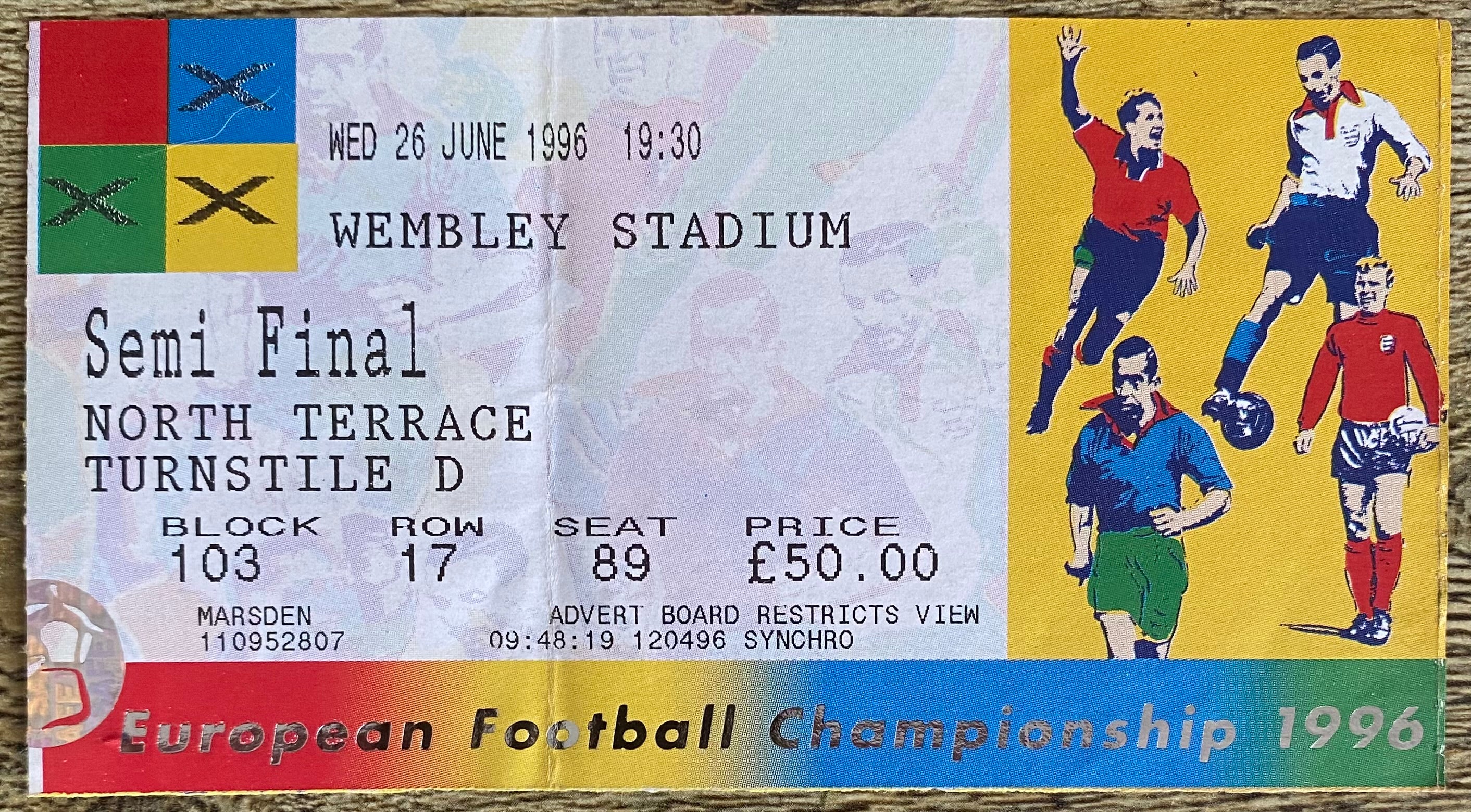 1996 ORIGINAL EUROPEAN CHAMPIONSHIPS EURO 96 SEMI FINAL TICKET ENGLAND V GERMANY @ WEMBLEY