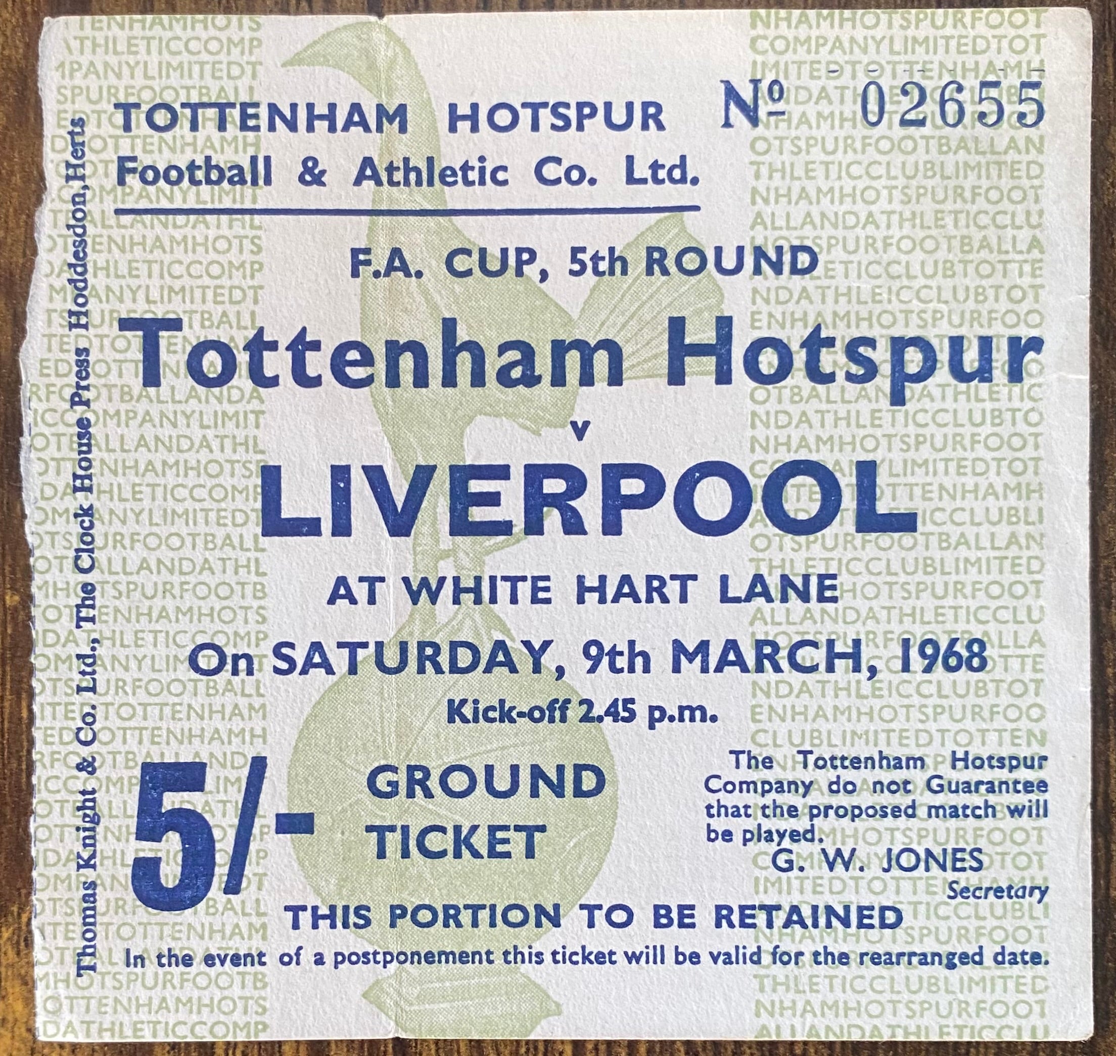 1967/68 ORIGINAL FA CUP 5TH ROUND TICKET TOTTENHAM HOTSPUR V LIVERPOOL