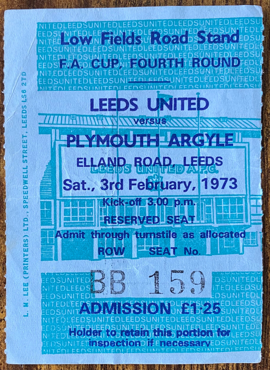 1972/73 ORIGINAL FA CUP 4TH ROUND TICKET LEEDS UNITED V PLYMOUTH ARGYLE